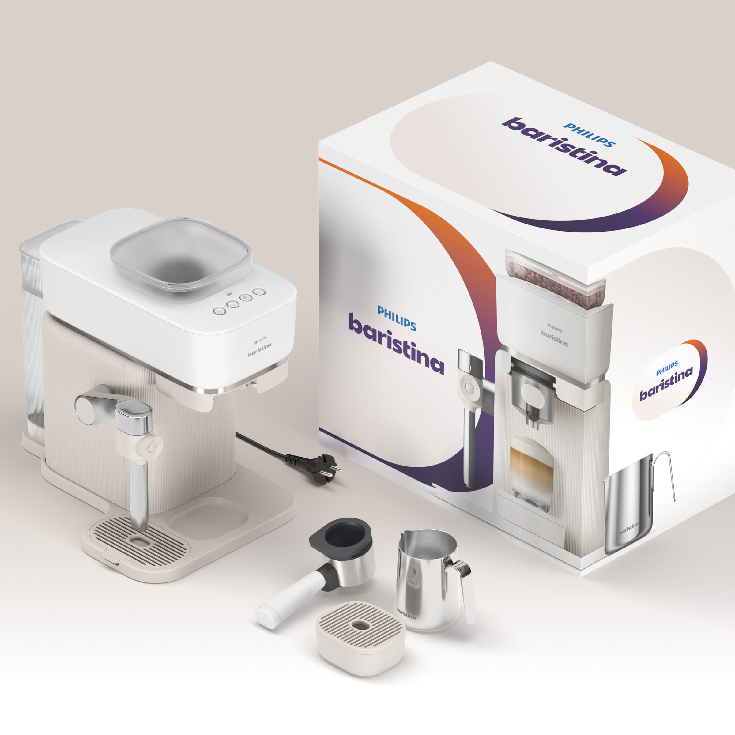 PHILIPS baristina Espressomaschine »Latte BAR400/00 mit Mahlwerk für ganze Bohnen und Milchschaumdüse« 3 Schaumarten, 16 bar Pumpendruck, Naturweiß/Weiß