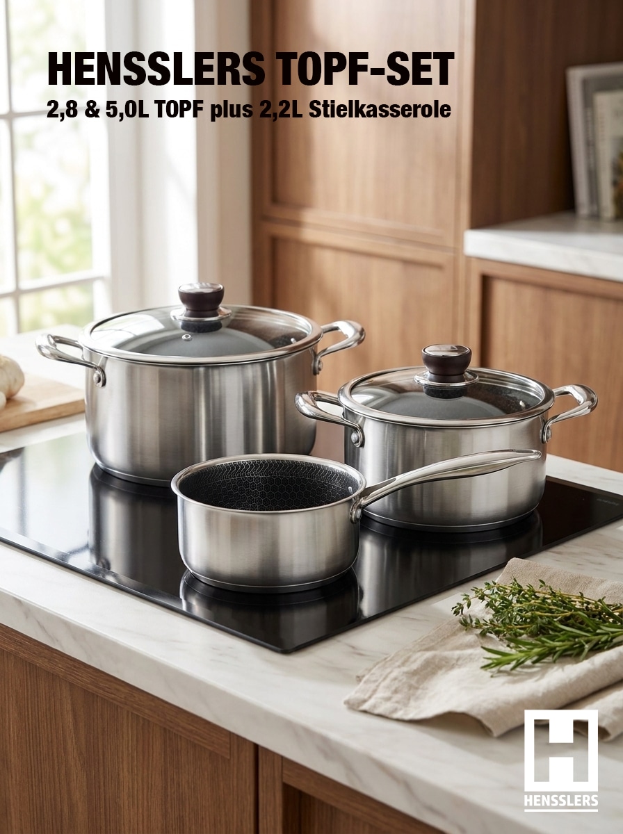 HENSSLERS Kochtopf »HENSSLERS Edelstahl-Topf-Set inkl. Grillzange & Pastasieb« Set, 7 tlg. Edelstahl