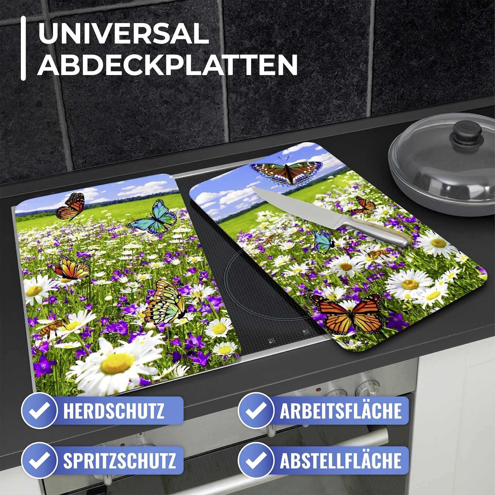 Maximex Herd-Abdeckplatte »Universal Modell Sommerwiese«, (Set, 2 tlg.), Herdabdeckung für alle Herdarten, kratzfest, mit rutschfesten Füßen