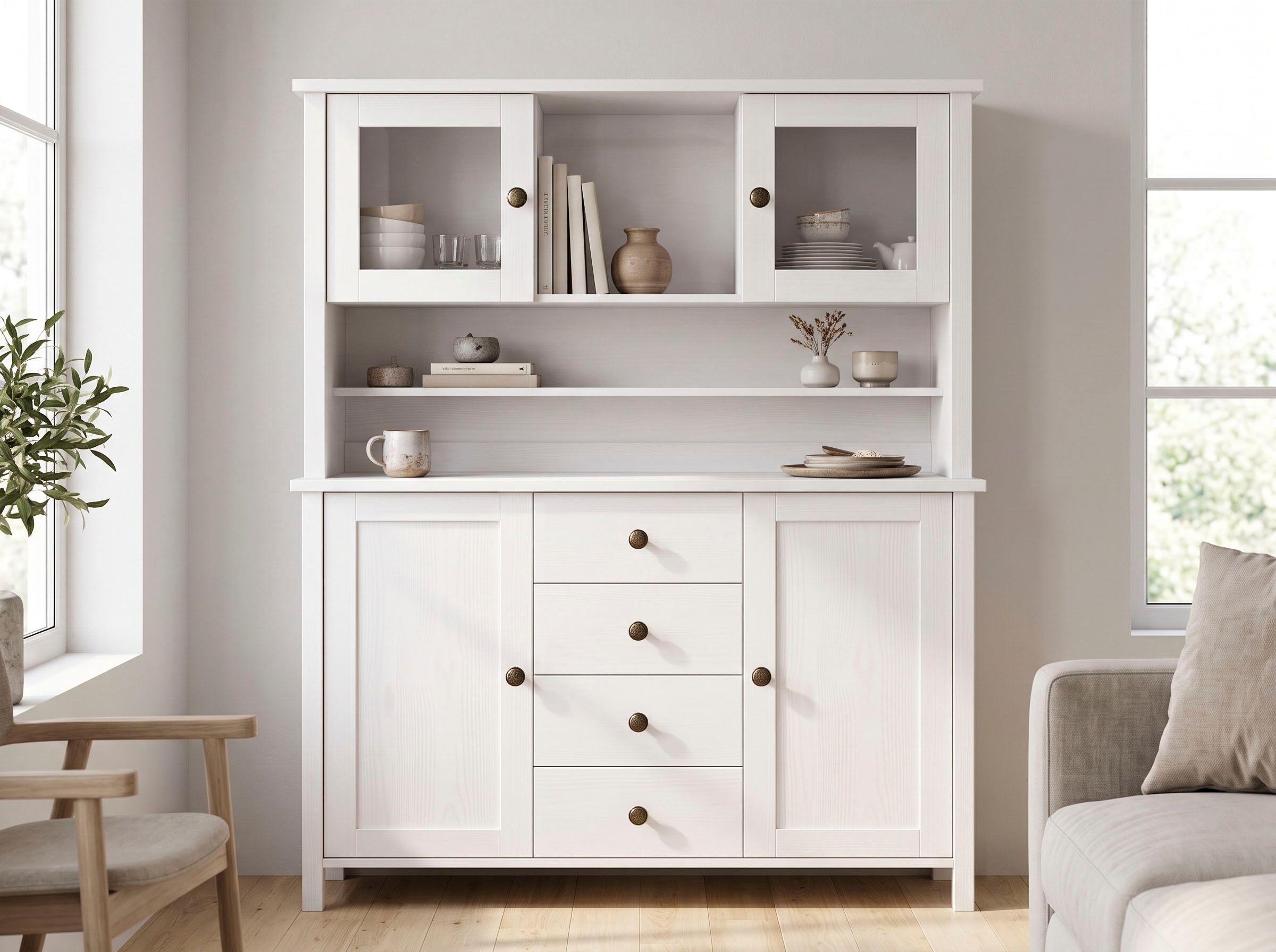 OTTO home Buffet »Mikkeli Küchenbuffet mit 2 Glastüren, Metallgriffe« aus massiver FSC®-zertifizierter Kiefer, moderner Landhausstil