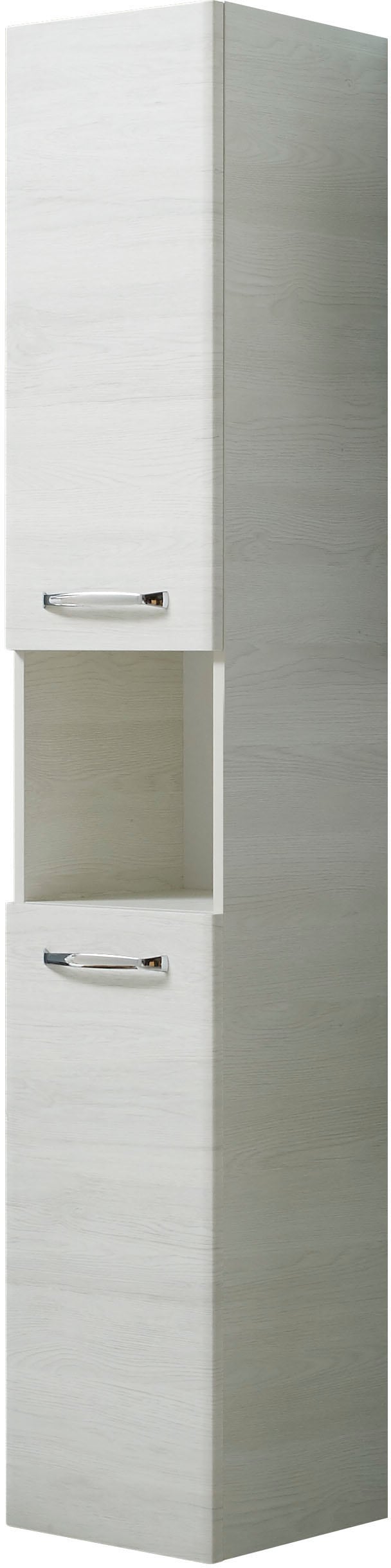 Saphir Badmöbel-Set »Quickset 936 4-teilig, Mineralmarmor-Waschtisch und LED-Spiegelschrank«, (Set, 4 St.), 2 Hochschränke, Eiche Weiß quer Nachbildung, inkl. Türdämpfer, 9 Türen