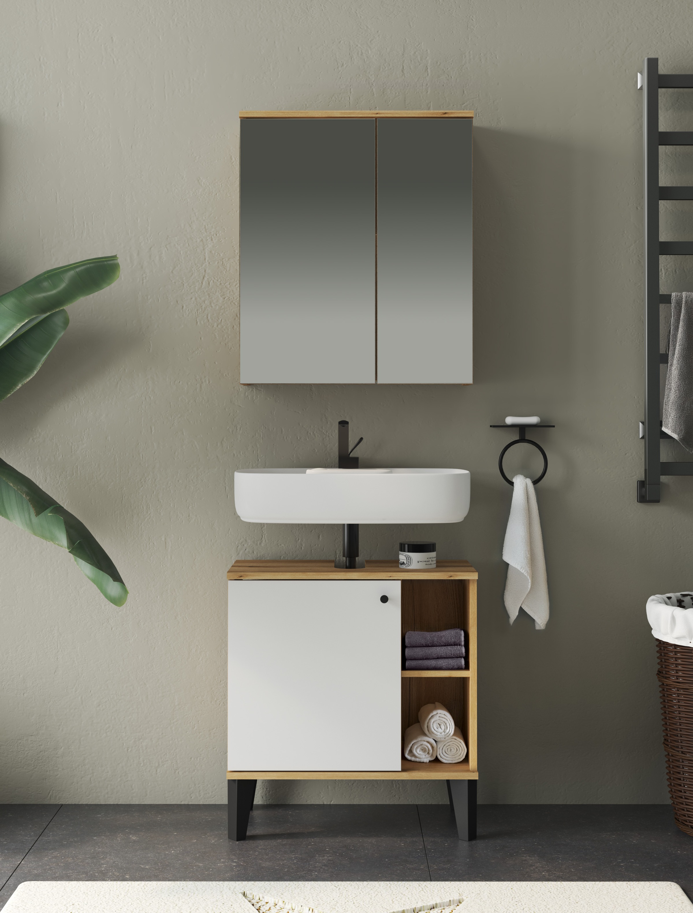 INOSIGN Badmöbel-Set »OSLO, Bad im skandinavischen Design, 2-teiliges Badezimmer«, (Set, 2 St.), Unterschrank und Spiegel, in zwei Farben verfügbar, viel Stauraum