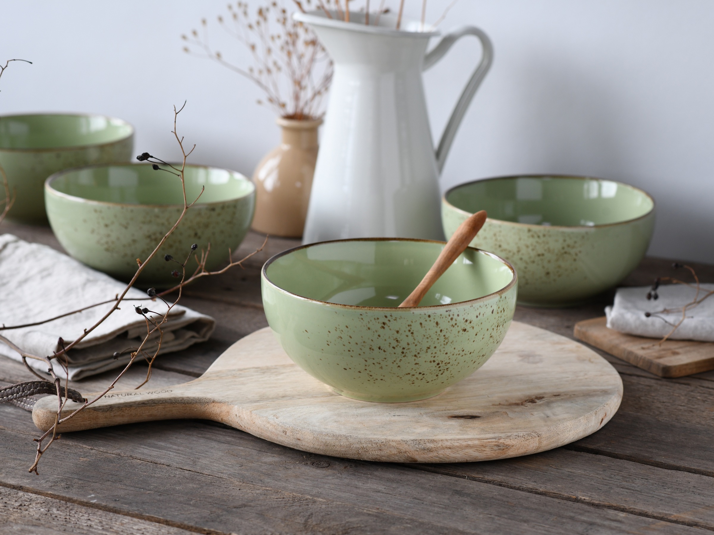CreaTable Schale »Nature Collection, Buddha Bowl 4-tlg«, 4 tlg., aus Steinzeug, Handwerklicher Look, Vintage, Höhe 7,5 cm