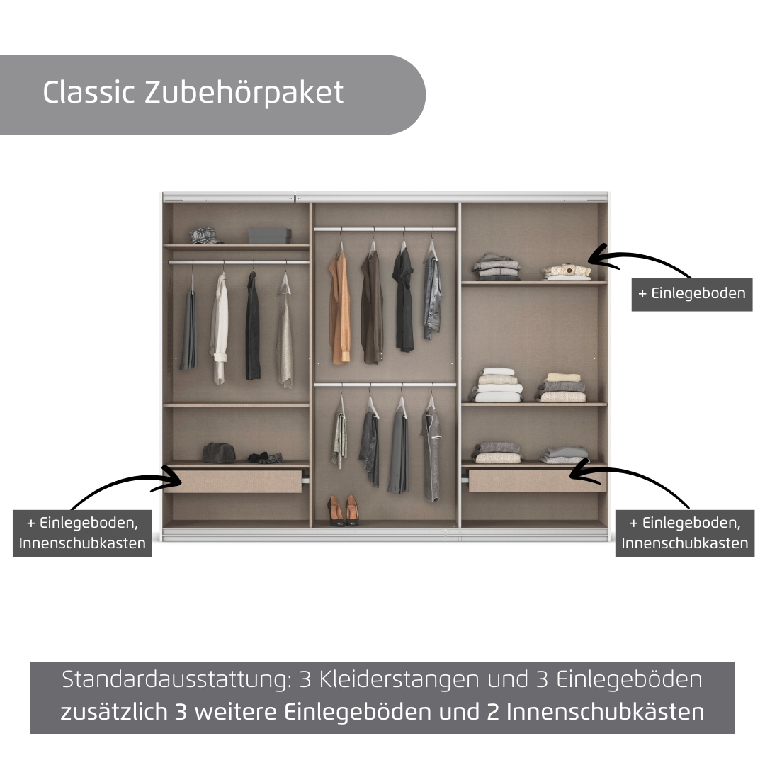 rauch Kleiderschrank »Schwebetürenschrank OTTO´s Choice Garderobe Schrank TOP ANGEBOT Avola«, (in 3 verschiedenen Ausstattungen BASIC/CLASSIC/PREMIUM), mit eleganten Zierleisten in Chrom, Schwarz oder Weiß MADE IN GERMANY