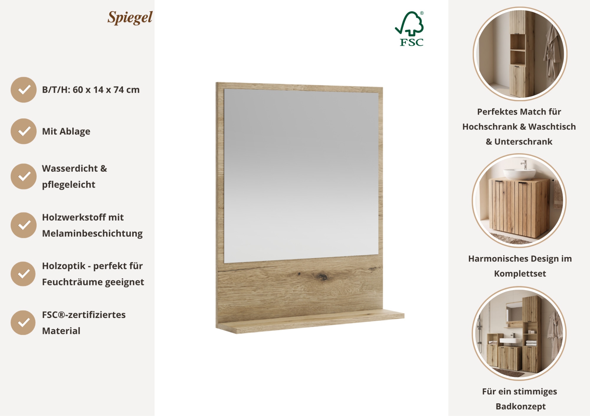 OTTO home Spiegel »Baltrum« in 2 Breiten 60/80 cm, mit Ablage