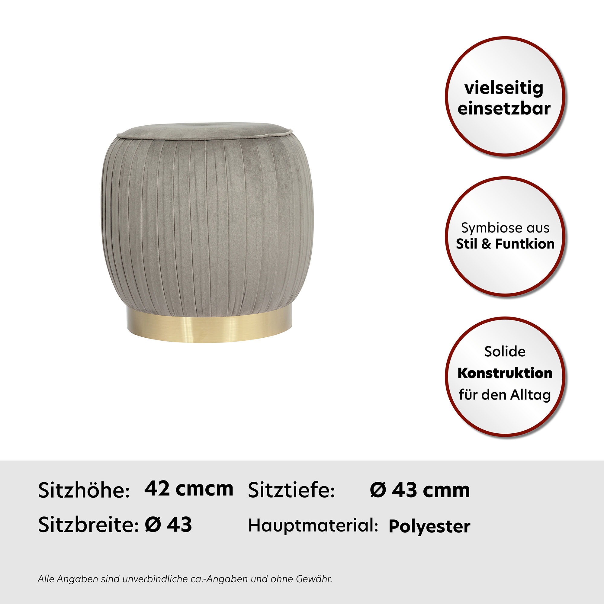Kayoom Polsterhocker »Hocker Lyla 125, Edler Touch durch goldenen Sockel, Samtbezug«, (1 St.), samtweich, gesteppte Ziernaht, Edelstahlsockel, Hochwertiger Samtbezug