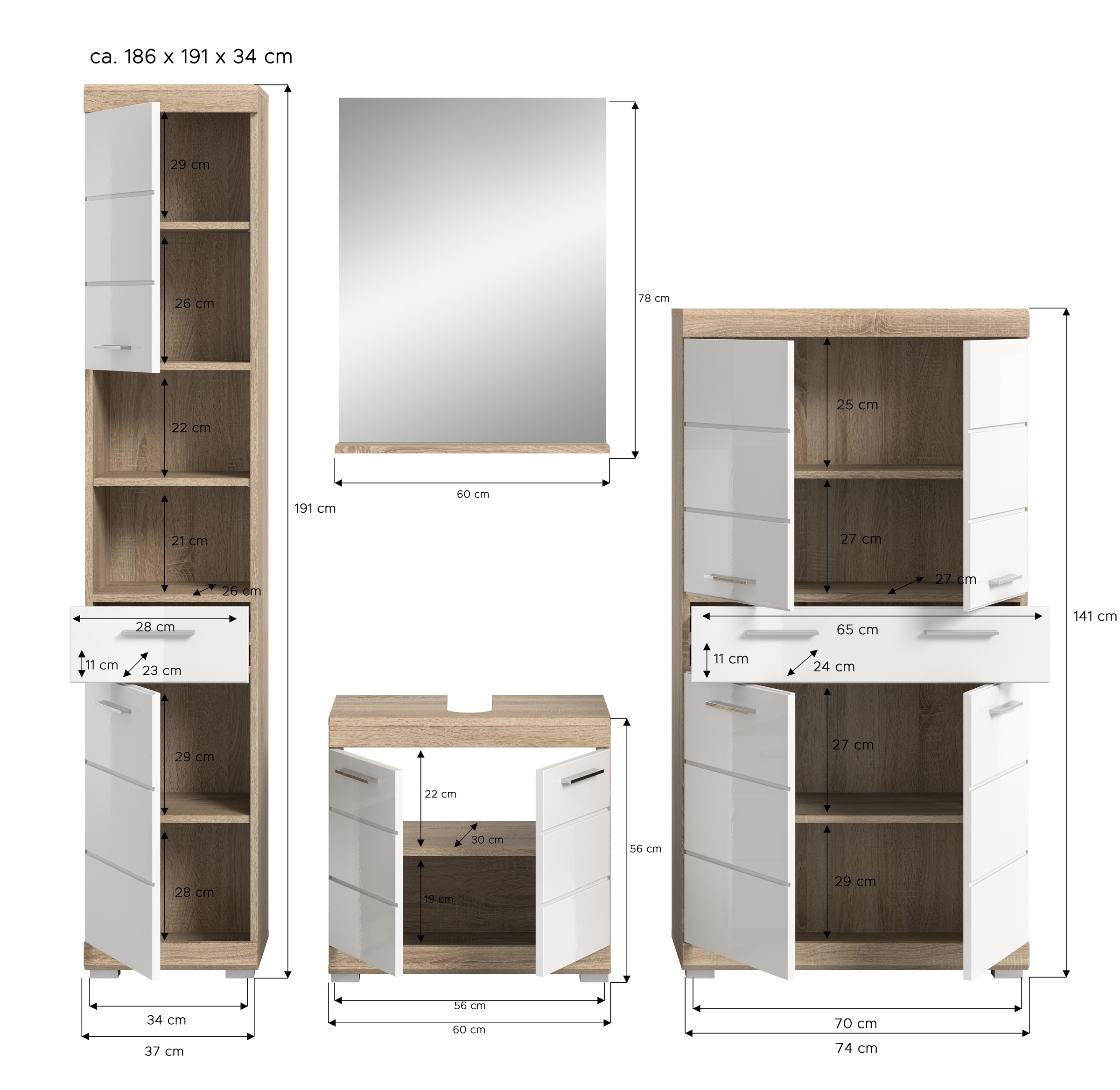 INOSIGN Badmöbel-Set »Siena, 4 teilig, bestehend aus:«, (Set), Hochschrank, Waschbeckenunterschrank, Badspiegel, Midischrank