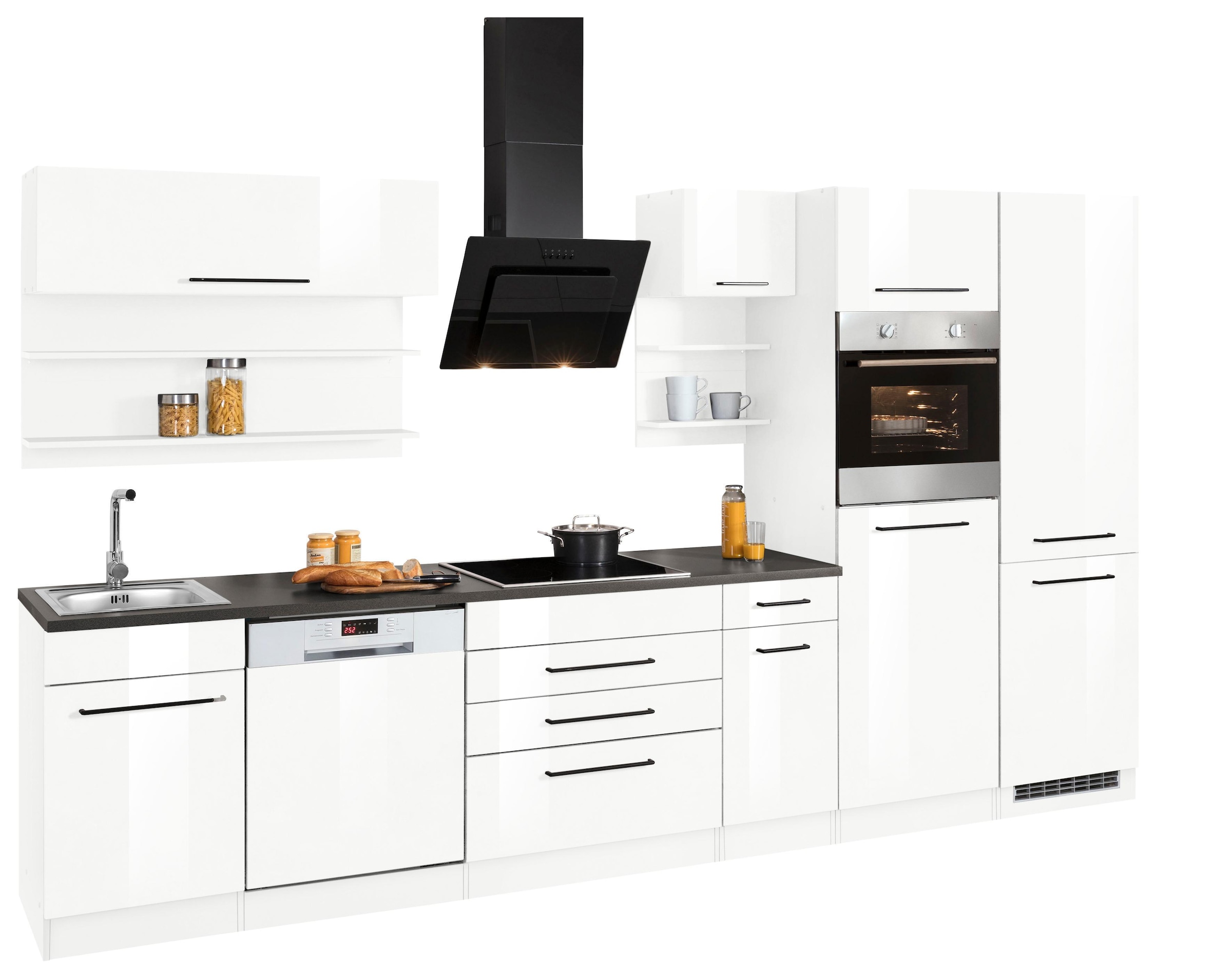 KOCHSTATION Küchenzeile »KS-Tulsa«, mit E-Geräten, Breite 350 cm, schwarze Metallgriffe, MDF Fronten