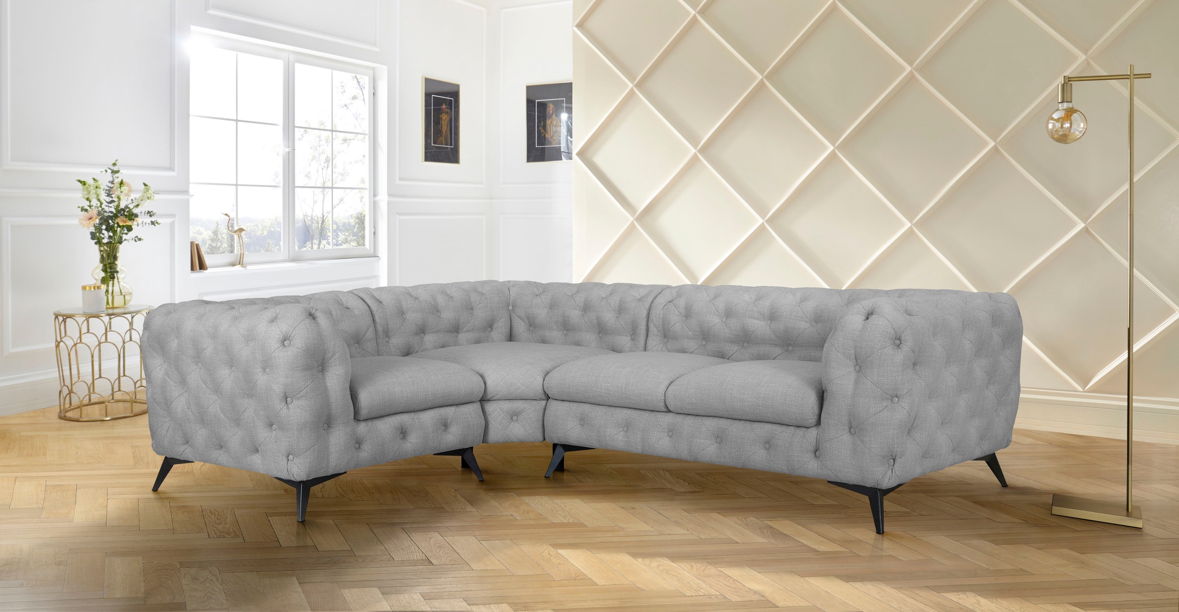 Leonique Chesterfield-Sofa »Ecksofa GLYNIS L-Form mit Wellenunterfederung, Maße B/T/H 264/204/75cm«, aufwändige Knopfheftung, moderne Chesterfield Optik, Fußfarbe wählbar