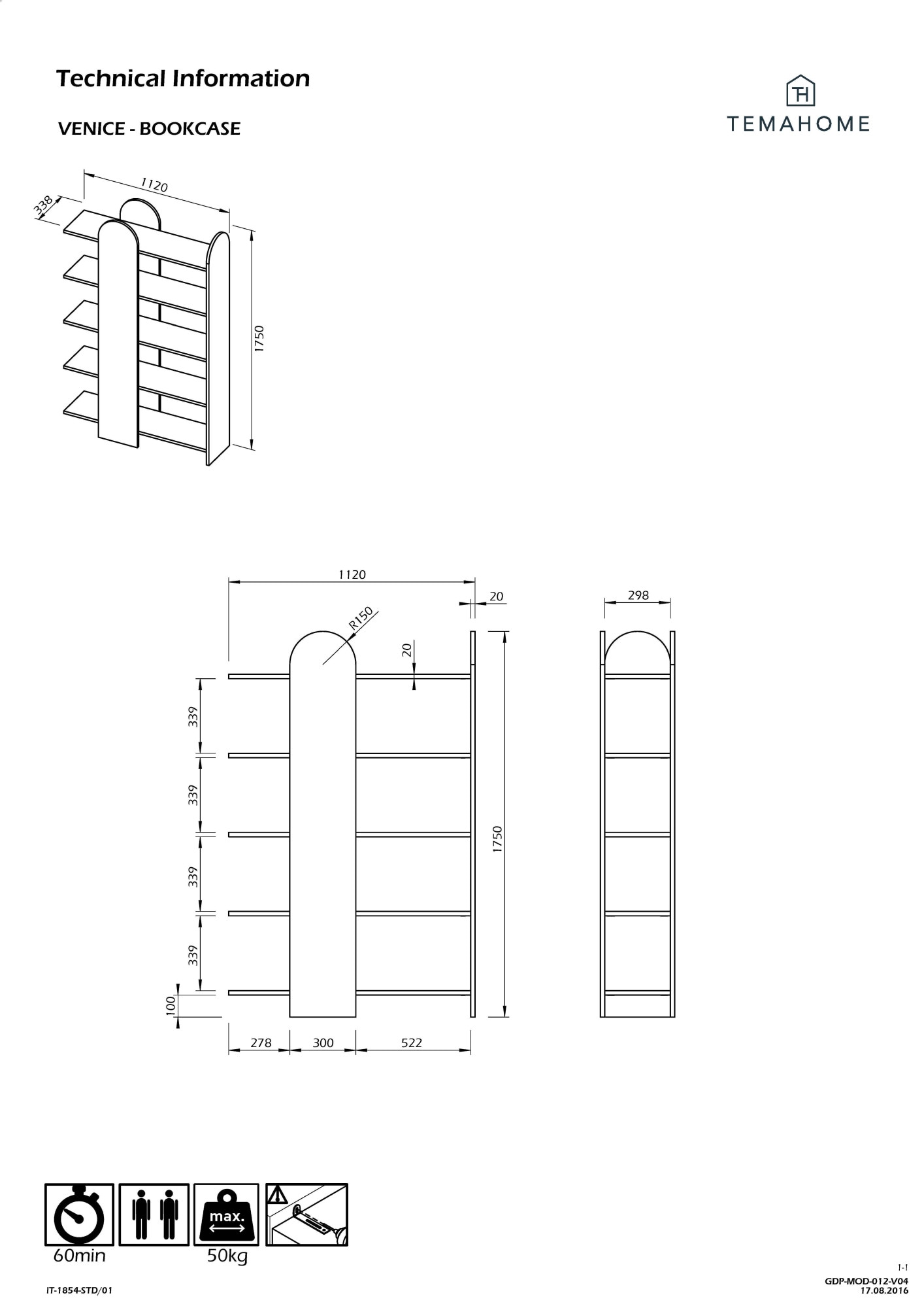 TemaHome Bücherregal »Venice, Offenes elegantes Designregal, 5 Ablagen, Höhe 175 cm«, mit abgerundete Aussenseiten, mit verstecktem Stauraum