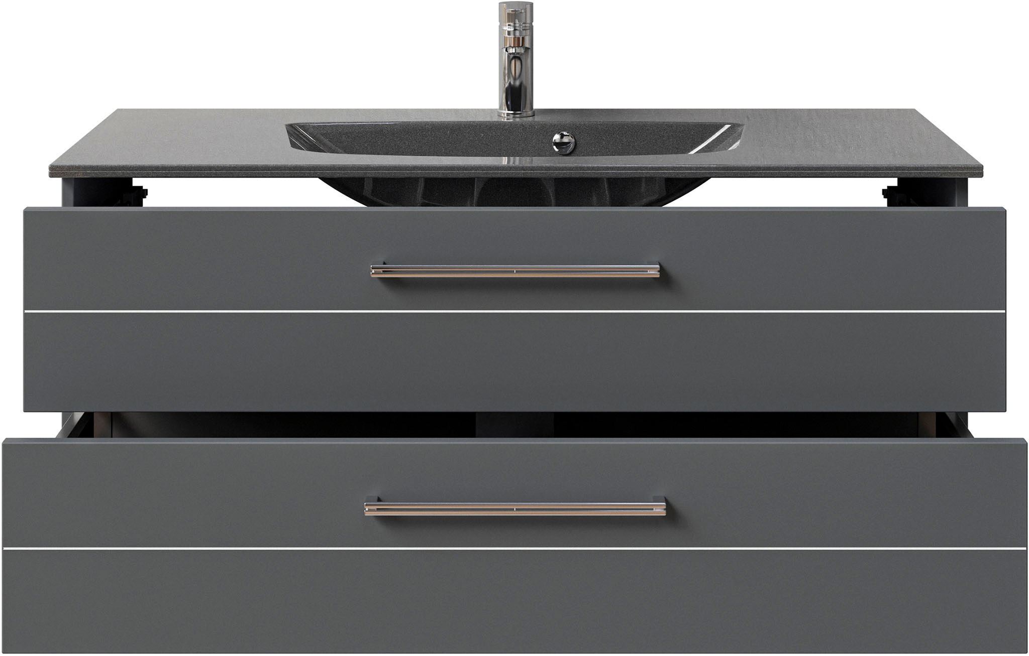Saphir Badmöbel-Set »Serie 6025 2-teilig Mineralmarmor-Waschtisch mit LED-Spiegelschrank«, (2 St.), Waschplatz 117cm breit, 2 Schubladen, 3 Spiegel-Türen, inkl Türdämpfer