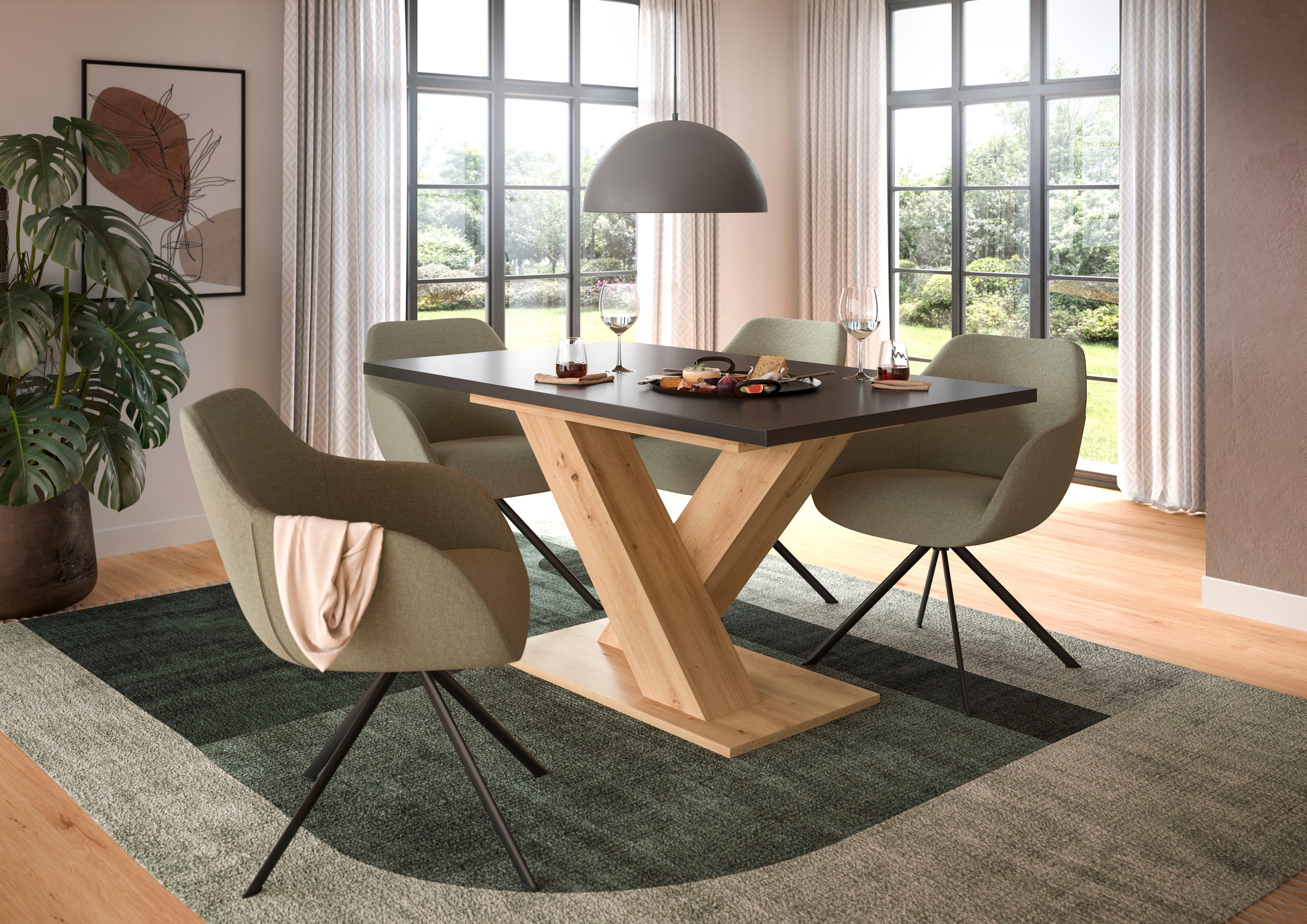INOSIGN Esstisch »Motus, ausziehbar 150 -190 cm, inklusive 40 cm Einlegeplatte«, (Set, 1 St.), X-Gestell mit Bodenplatte, Tisch, Küchentisch, Esszimmer, Küche