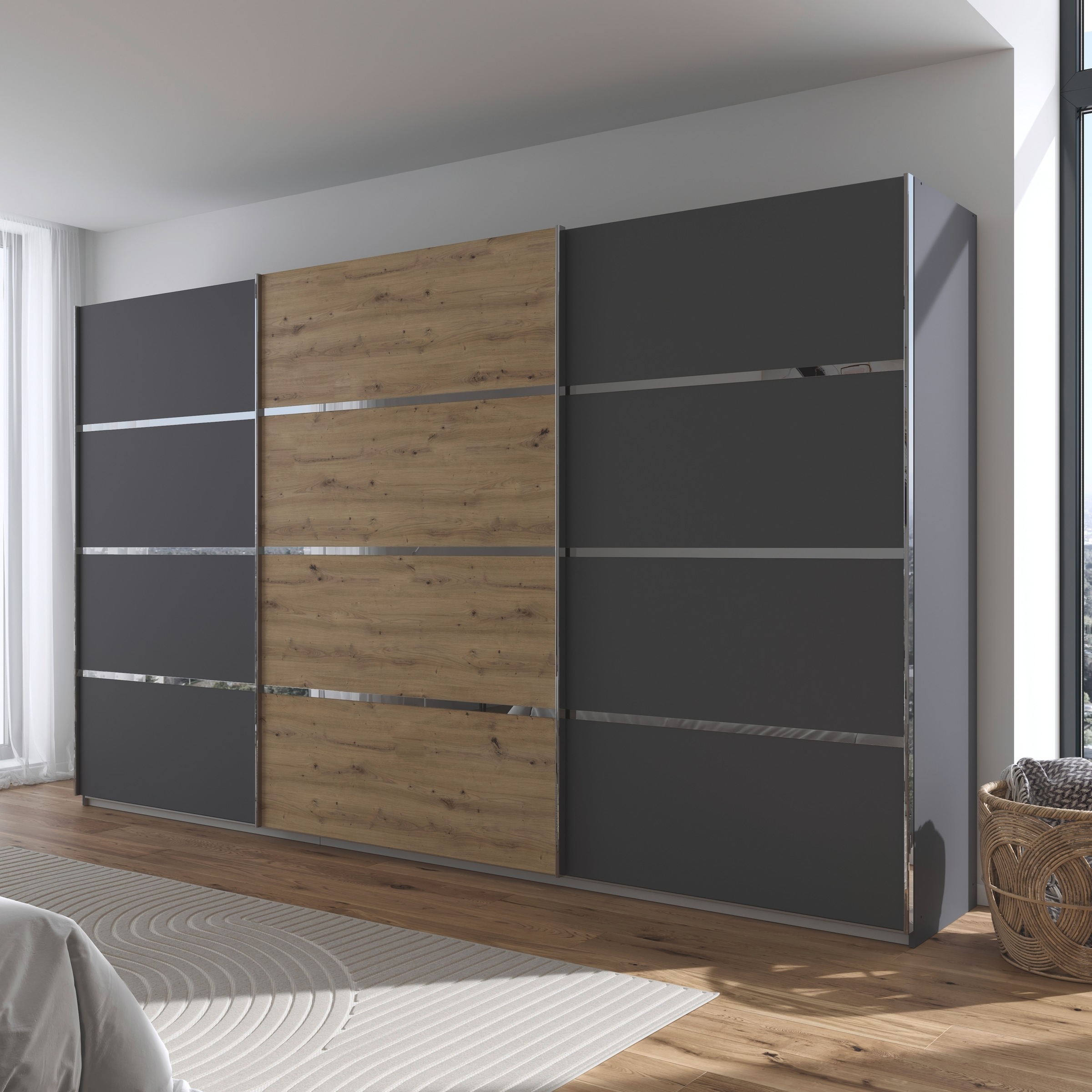 rauch Kleiderschrank »Schwebetürenschrank Garderobe Schrank TOP ANGEBOT Avola«, (in 3 verschiedenen Ausstattungen BASIC/CLASSIC/PREMIUM), mit eleganten Zierleisten in Chrom, Schwarz oder Weiß MADE IN GERMANY