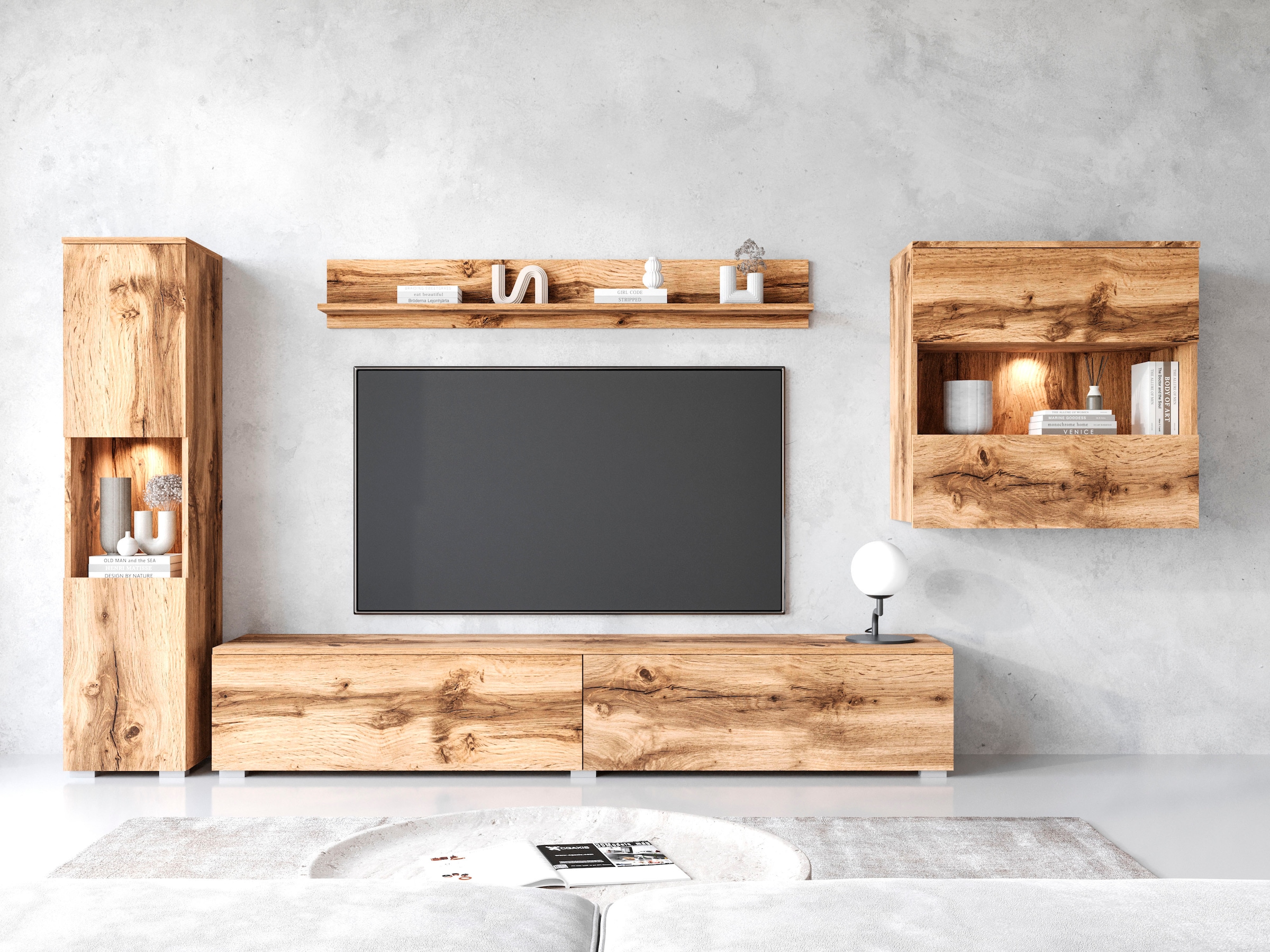 INOSIGN Wohnwand »PARIS, Vitrine Türanschlag links/rechts wechselbar«, (Komplett-Set, 4 St.), grifflose Design, stehend und hängend montierbar