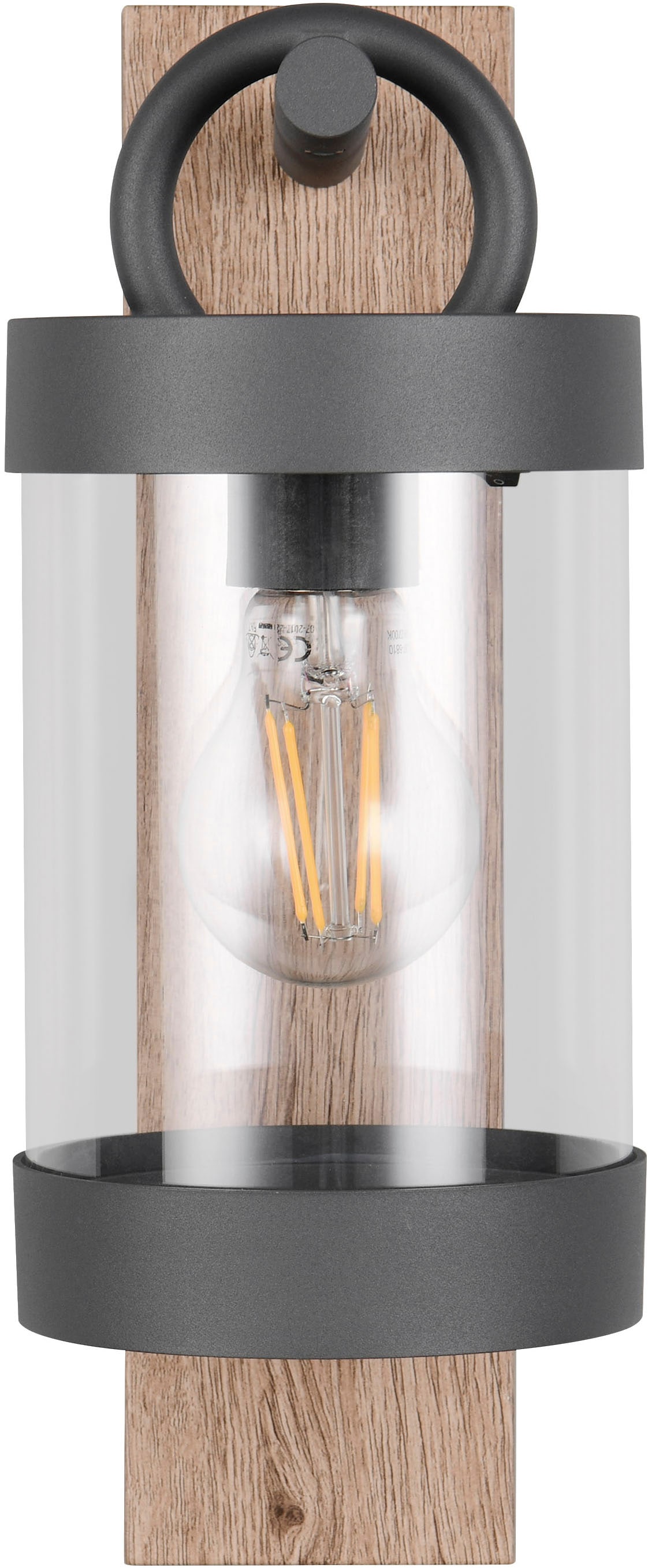 TRIO Leuchten Außen-Wandleuchte »SAMBESI, Laternen Optik Hauswand, exkl 1x E27 max 28W Dämmerungssensor«, 1 flammig, Leuchtmittel E27 | Leuchtmittel wechselbar, Fassadenbeleuchtung aus Alu Druckguss, Rückenplatte Holz Nachbildung