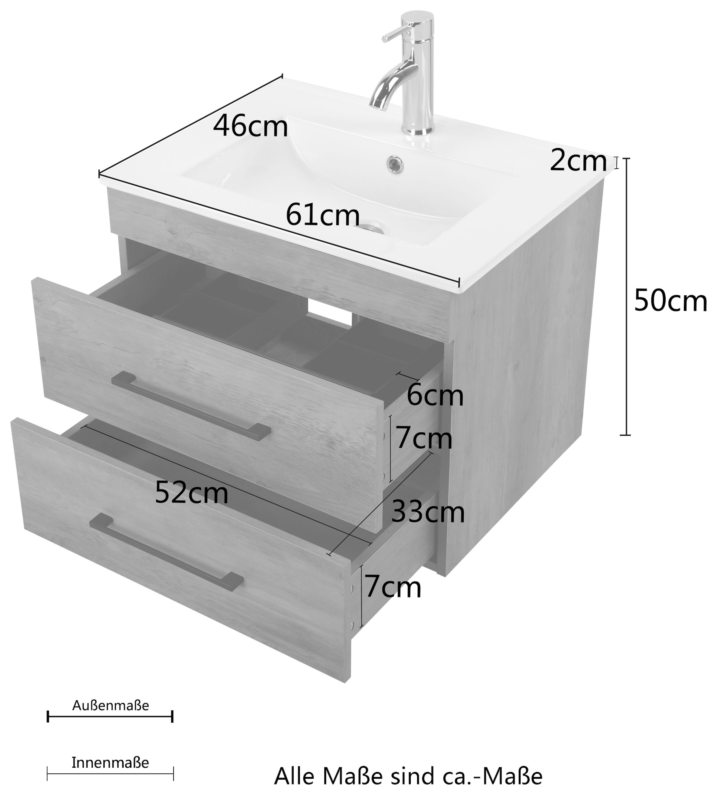 welltime Waschtisch »Florenz Badschrank Badmöbel inkl. Waschbecken«, Waschplatz mit 2 Auszügen und Softclose Breite 60cm