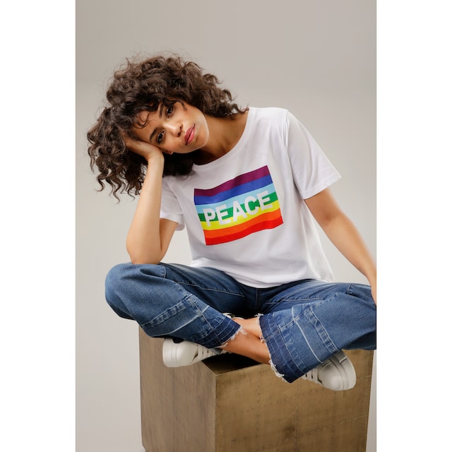Aniston CASUAL T-Shirt, Frontdruck mit Regenbogen und PEACE-Schriftzug  online bei