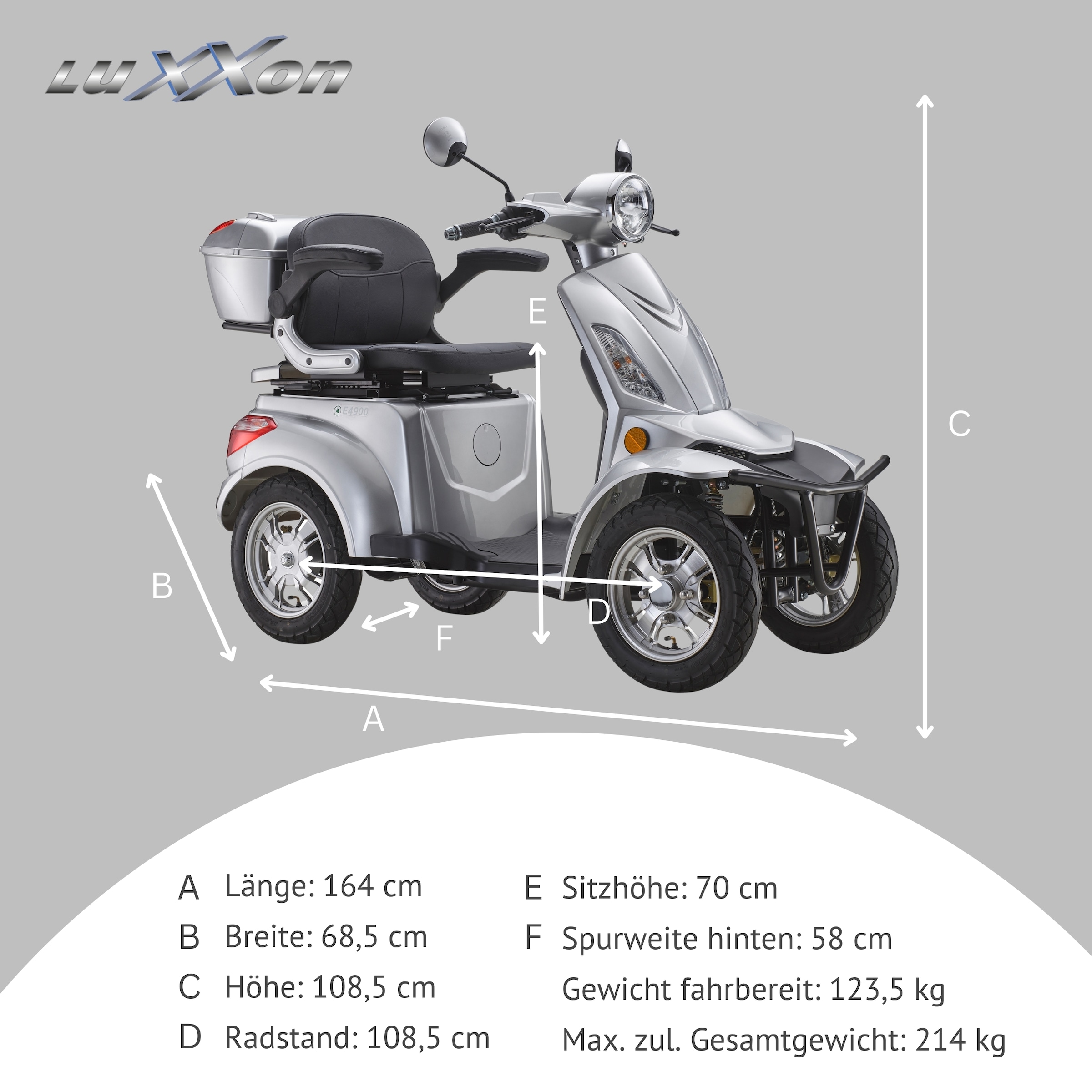 Luxxon Elektromobil »LuXXon Seniorenmobil E4900« 20 km/h Elektromobil mit Topcase, ohne Helmpflicht,  1.000 W, Seniorenmobil mit 4 Räder, Elektroroller für Senioren