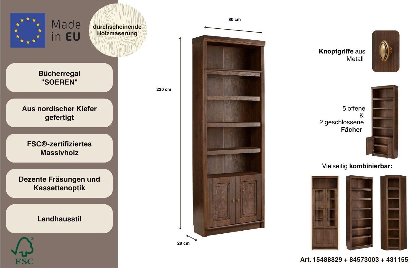 Home affaire Bücherregal »Soeren« aus massiver Kiefer, Höhe 220 cm, mit 2 Holztüren, viel Stauraum