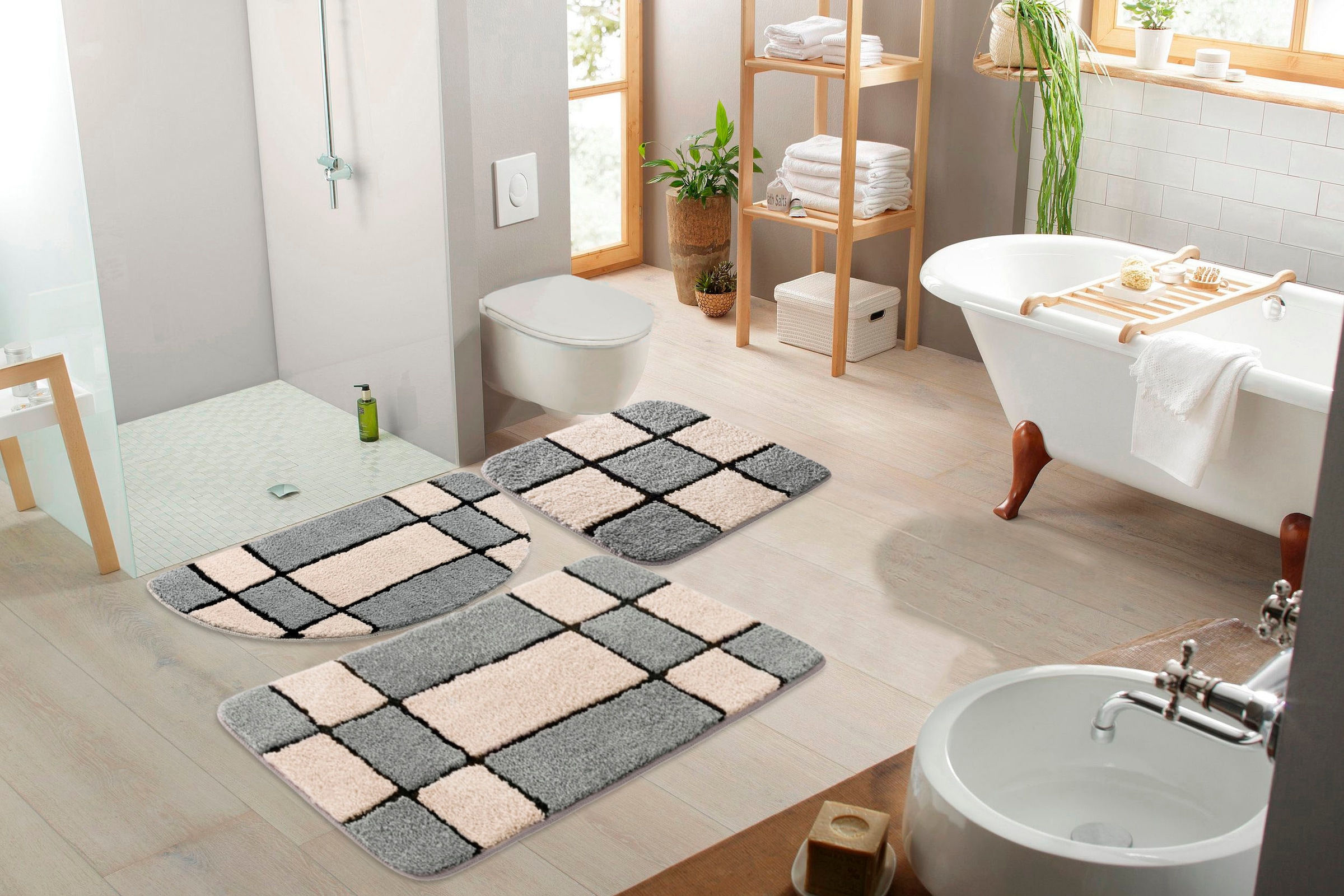 my home Badematte »Melli«, rutschhemmend beschichtet, fußbodenheizungsgeeignet, Badteppich, mit Muster, karierte Badematte