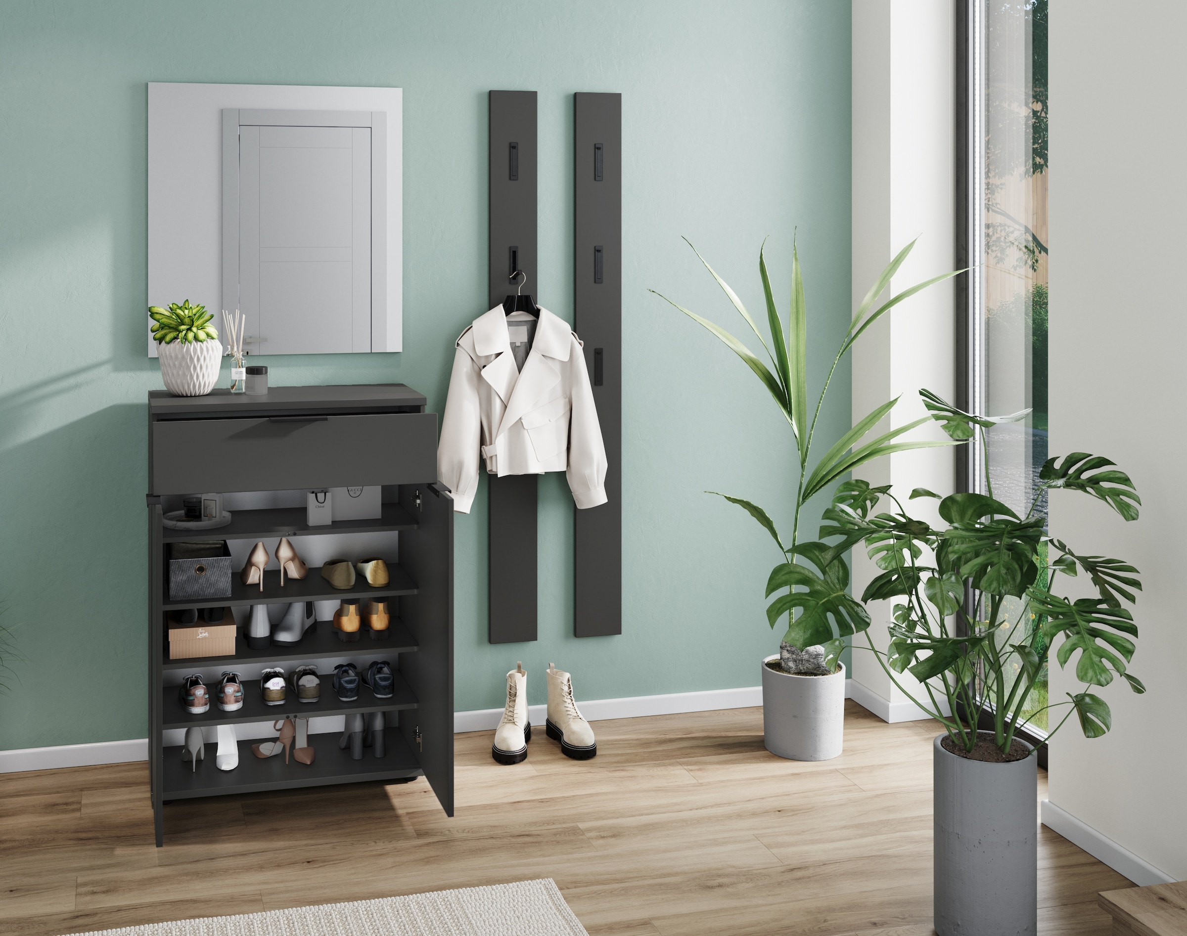GERMANIA Garderoben-Set »Stanton«, (4 St.), Garderoben-Set bestehend aus 1 Schuhschrank, 1 Spiegel und 2 Paneele