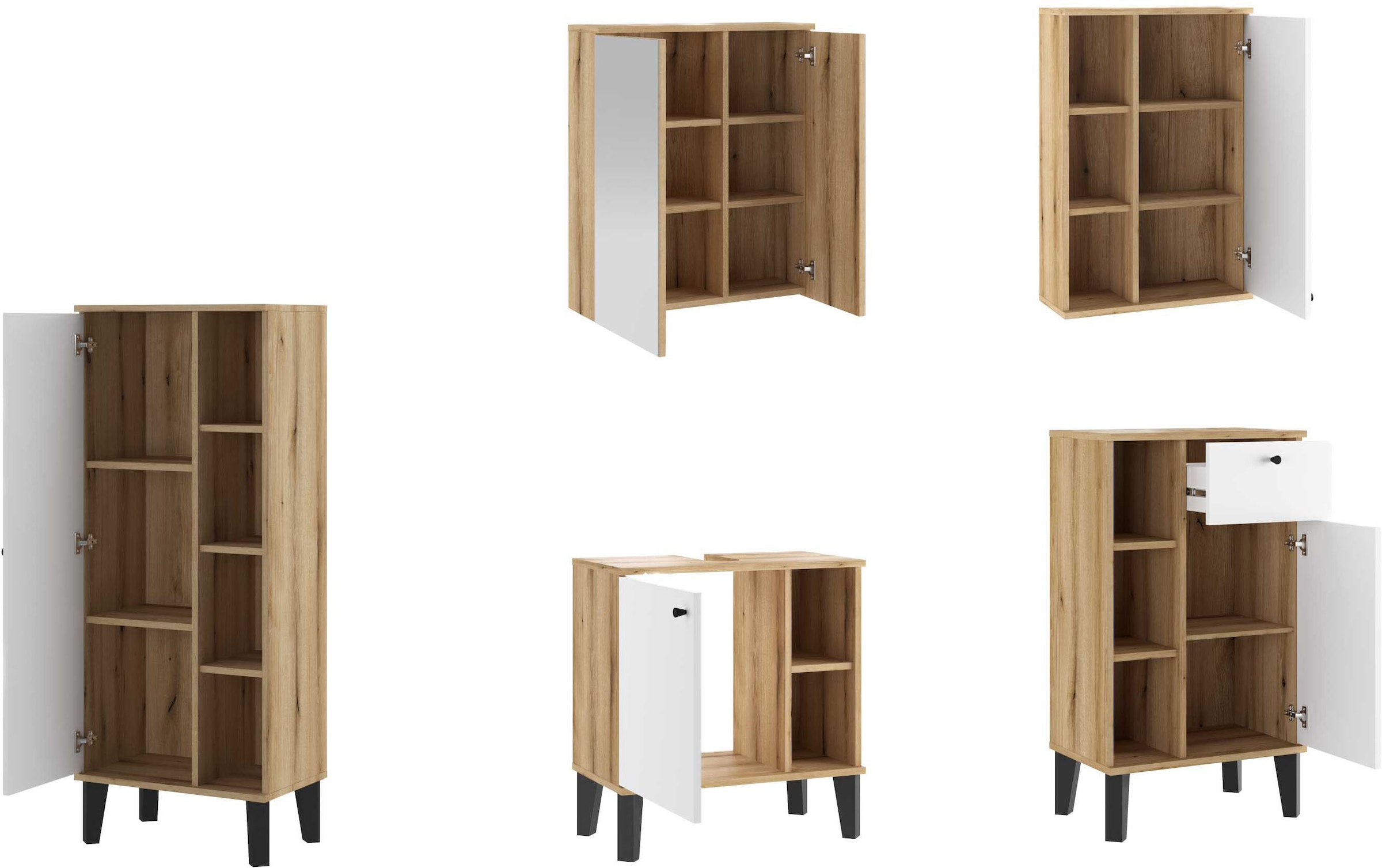 INOSIGN Badmöbel-Set »OSLO, Bad im skandinavischen Design, 5-teiliges Badezimmer«, (Set, 5 St.), Badschränke und Spiegel, in zwei Farben verfügbar, viel Stauraum