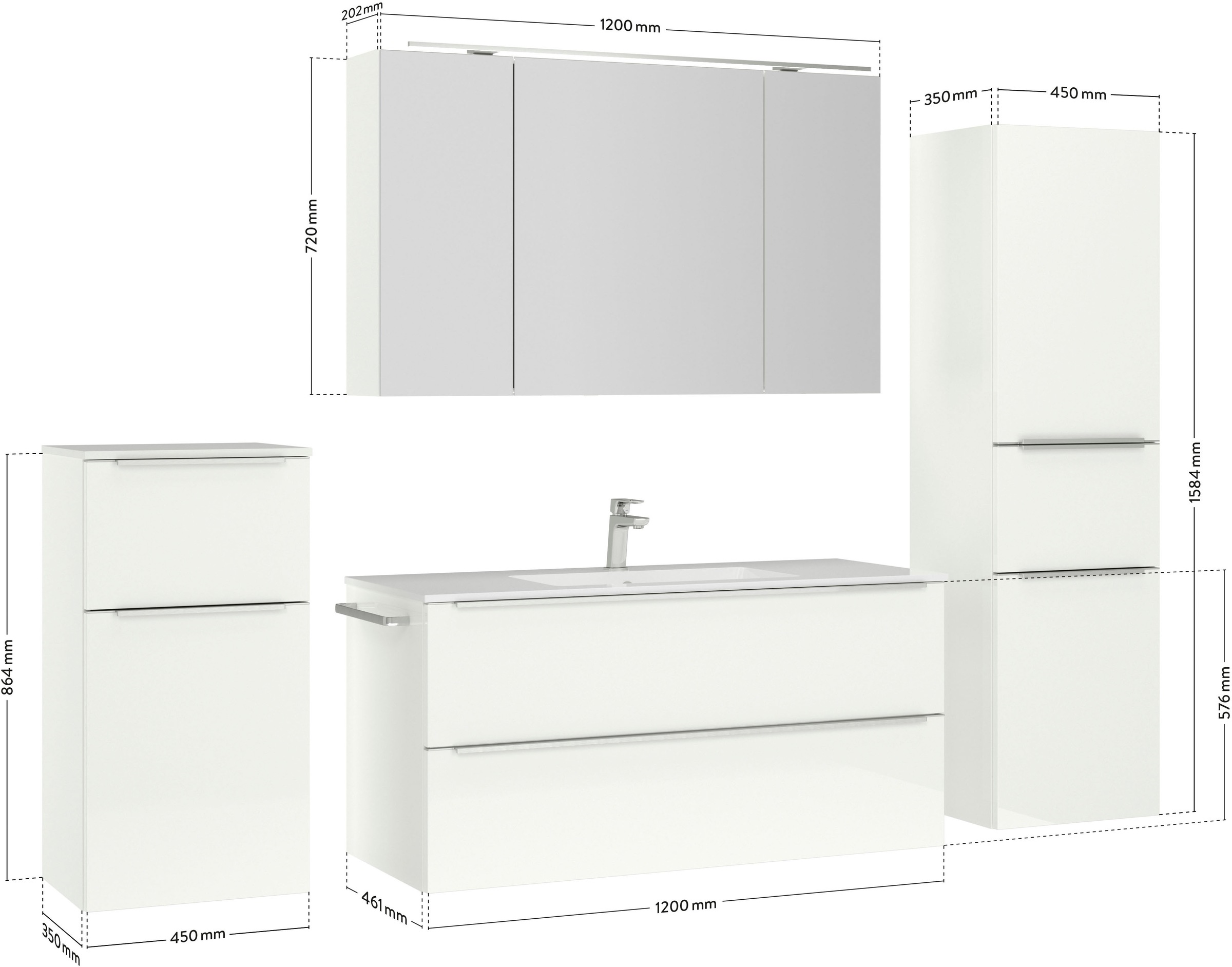 nobilia® Badmöbel-Set »Levere«, (4 St., vormontiert, mit Soft-Close), inkl. Spiegelschrank mit Beleuchtung und Dimmerfunktion, in 4 Breiten