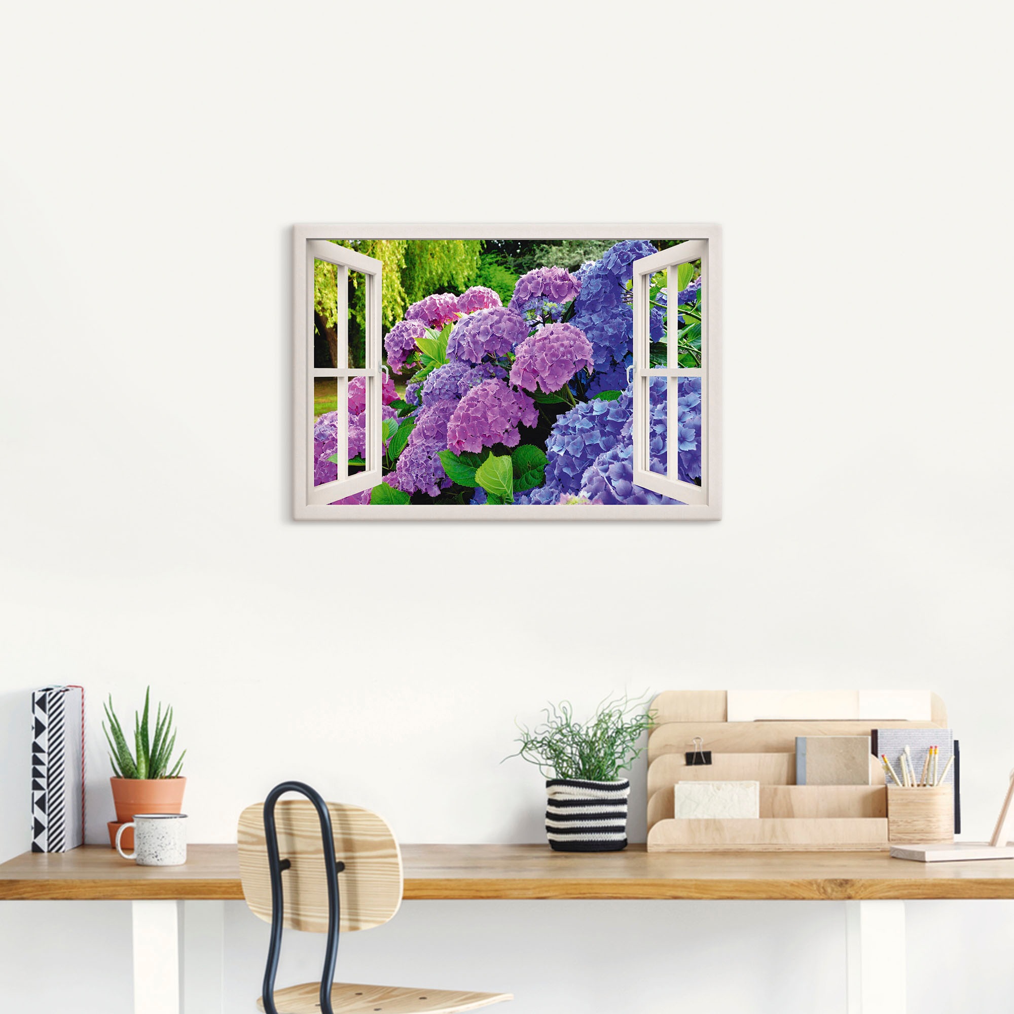 Artland Wandbild "Fensterblick Hortensien im Garten", Blumen, (1 St.), als günstig online kaufen