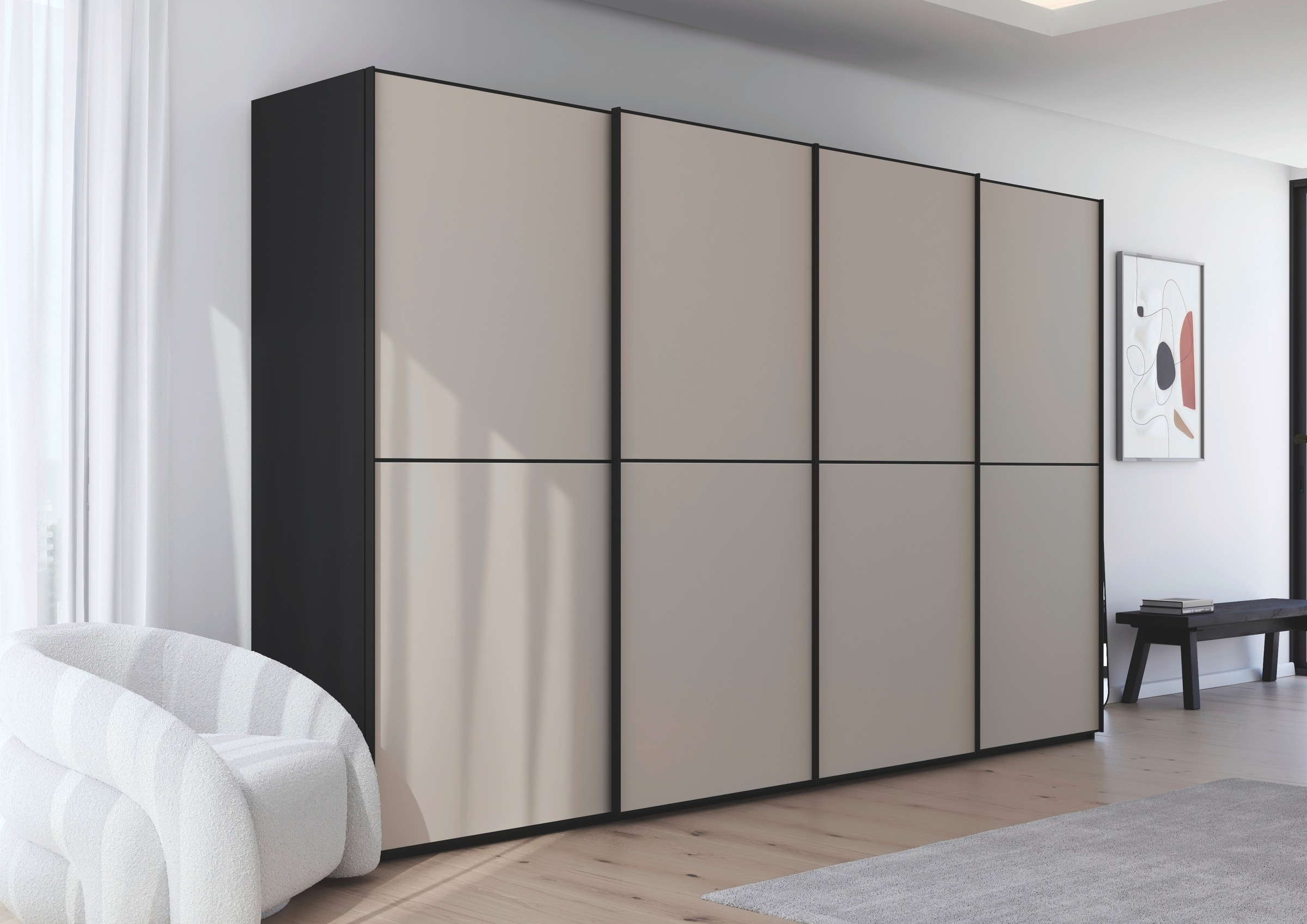 rauch Schwebetürenschrank »Kleiderschrank Schrank Garderobe Schlafzimmerschrank SCALE-DUO«, edle zweigeteilte Türen Glas-Front mit 3 Zierleisten MADE IN GERMANY