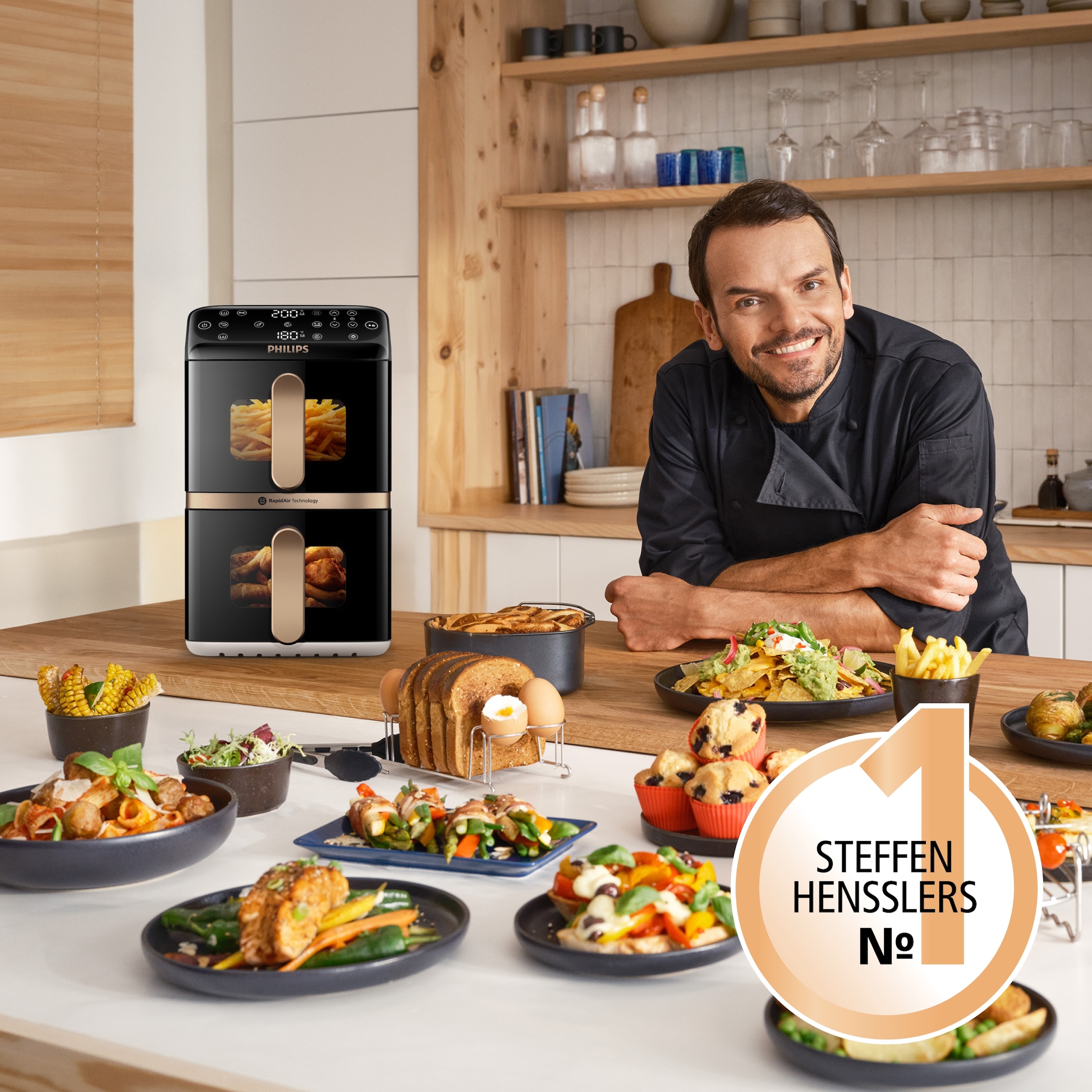 Philips Heißluftfritteuse »NA462/70 4000 Series Stacked Dual Basket und 10L Kapazität (5+5L)« 2750 W Fassungsvermögen 0 l RapidAir Technologie; Schwarz/Dunkelgrau, kupfer Griff