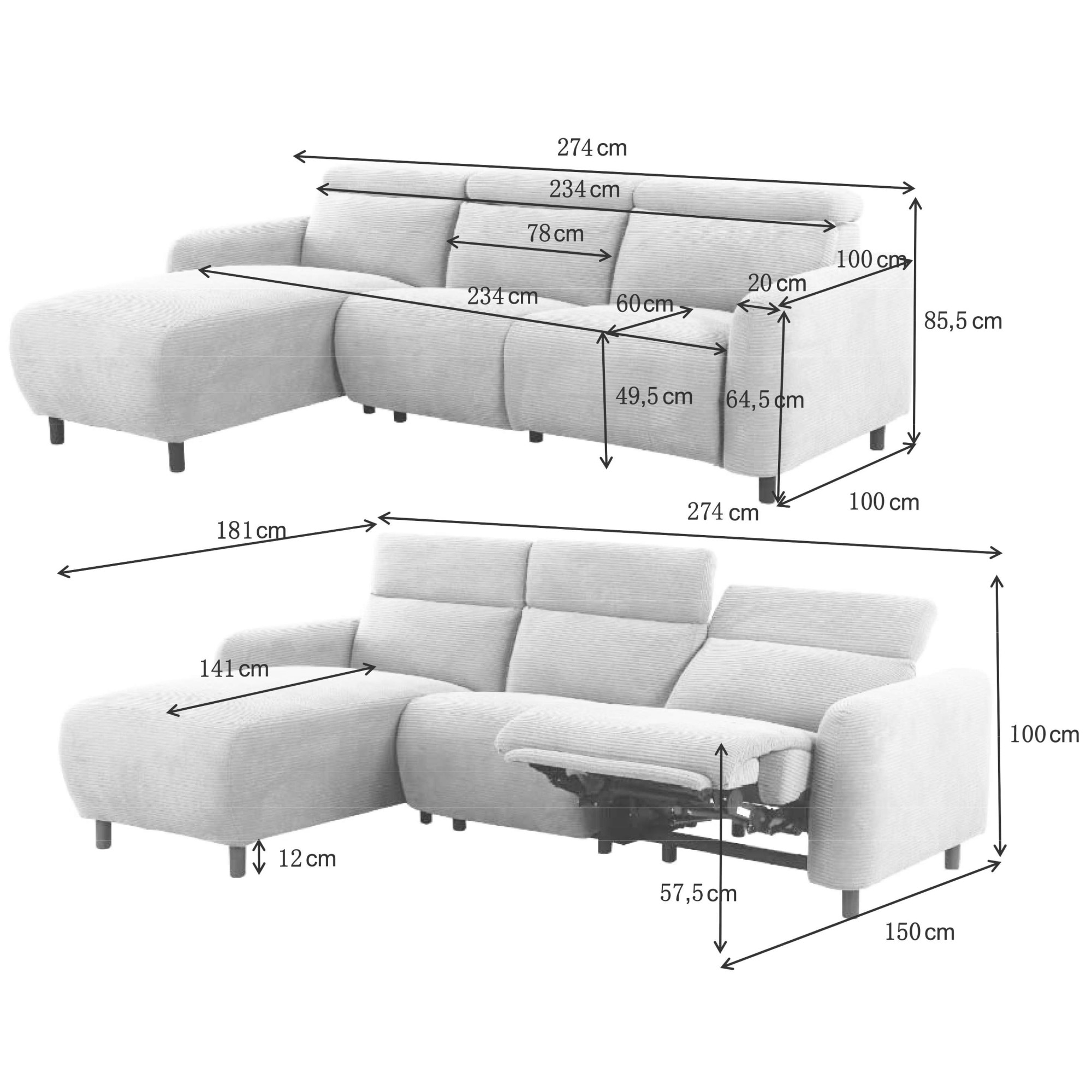 Home affaire Ecksofa »SKAANE in Cord, L-Form, 274 cm, manuelle u. elektrische Funktion,«, Kopfteilverstellung, Relax-und Liegefunktion, Federkernpolsterung