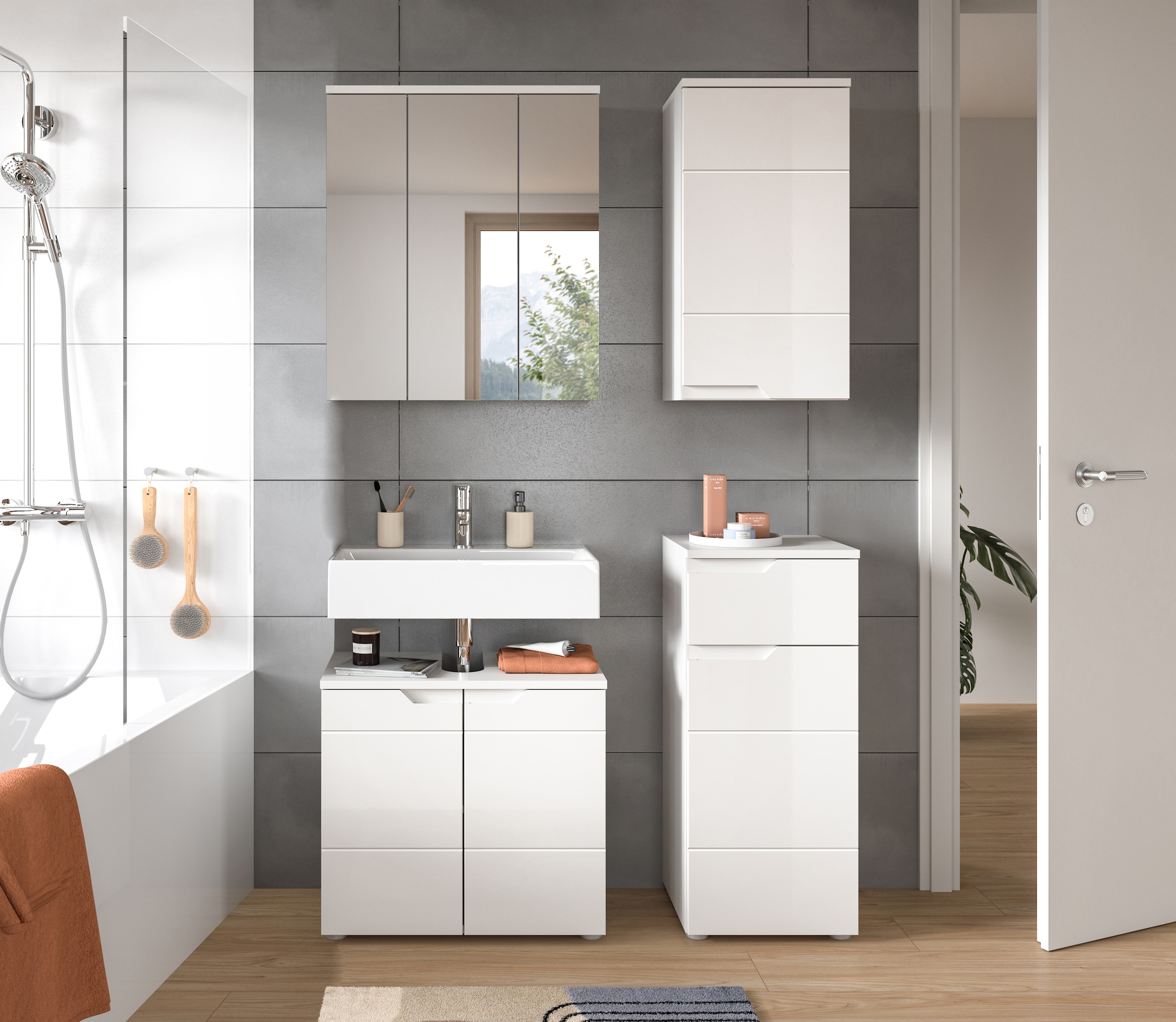 INOSIGN Badmöbel-Set »CAPRI, 4-teilig, mit eingefasster Griffmulde, bestehend aus:«, Waschbeckenunterschrank, Spiegelschrank, Unterschrank und Hängeschrank