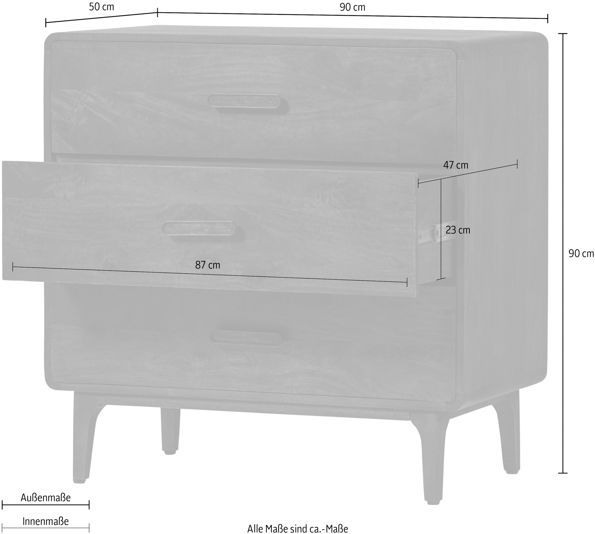 WOOOD Sideboard »Liya mit Massivmangoholz undDämpfung Funktion, B 90 x T 50 x H 90 cm« Spielerische Griffgestaltung, Tragkraft 15–25 kg pro Schublade