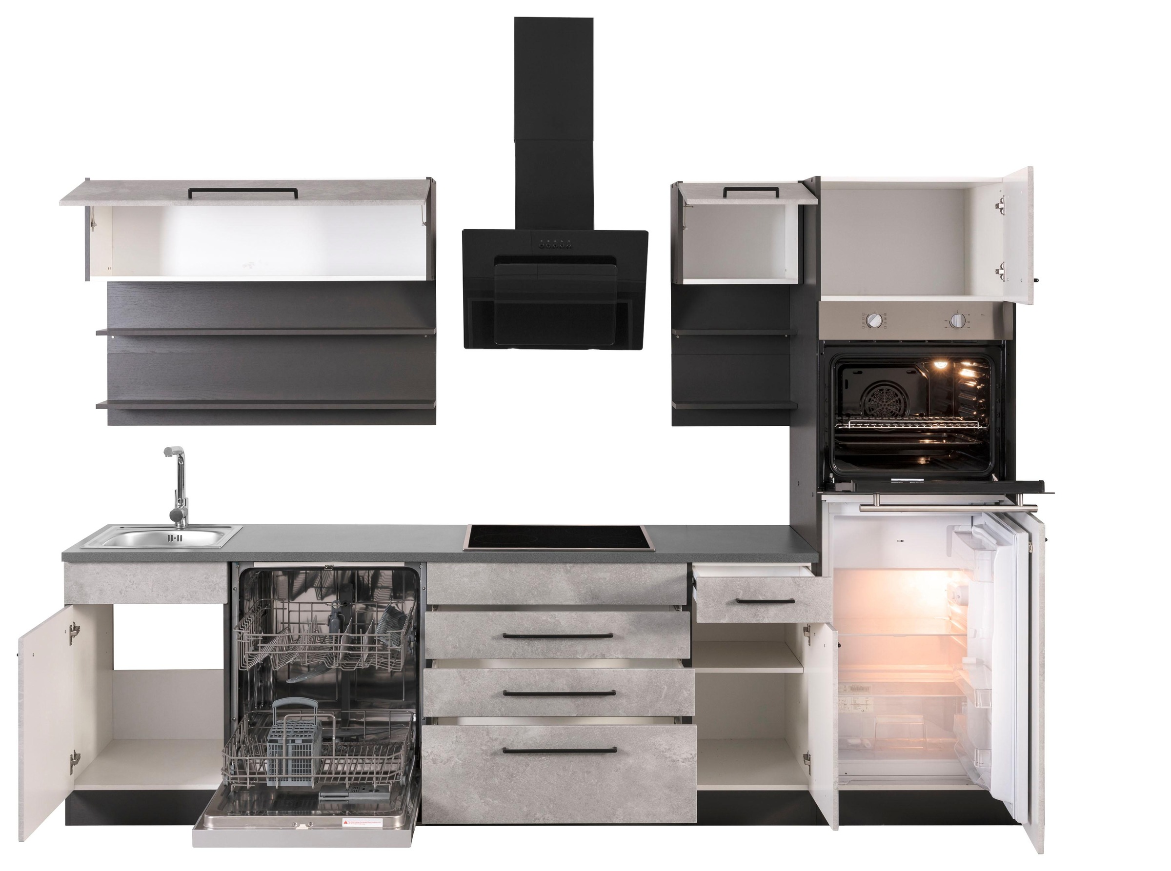 KOCHSTATION Küchenzeile »KS-Tulsa«, ohne E-Geräte, Breite 290 cm, schwarze Metallgriffe, MDF Fronten