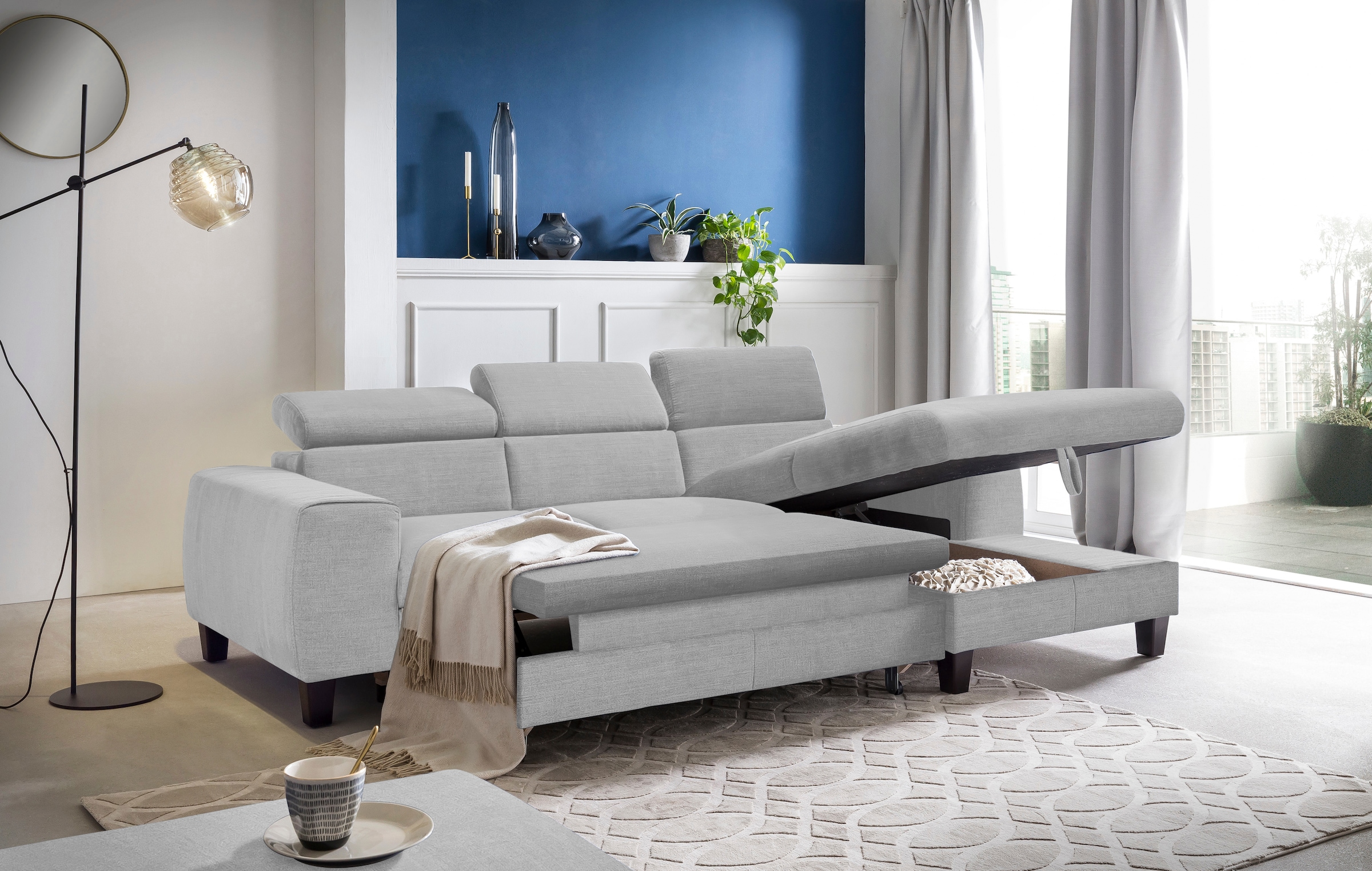 COTTA Ecksofa »Morven L-Form mit Kopfteilverstellung«, wahlweise mit Bettfunktion, Bettkasten & Wireless-Charger