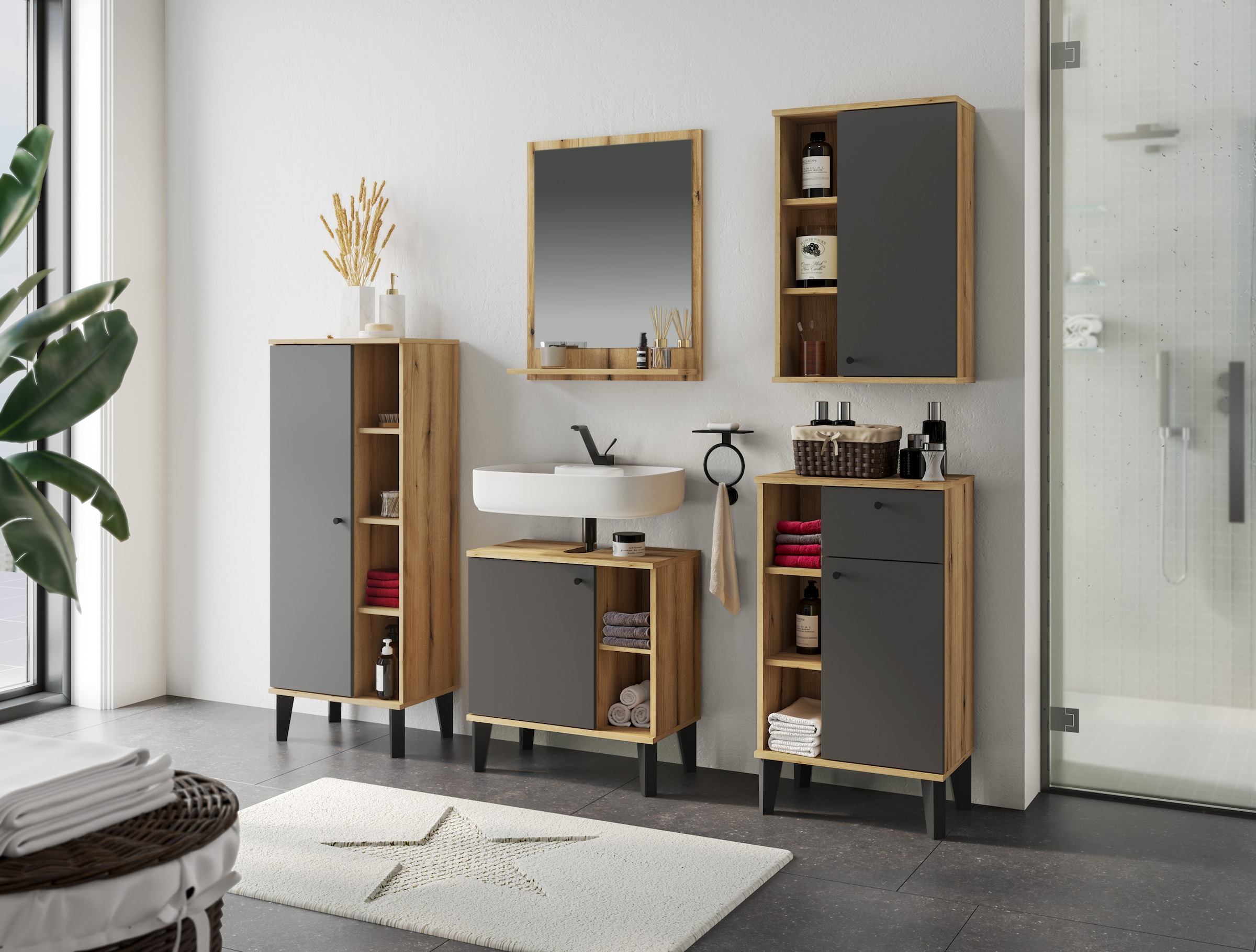 INOSIGN Badmöbel-Set »OSLO, Bad im skandinavischen Design, 5-teiliges Badezimmer«, (Set, 5 St.), Badschränke und Spiegel, in zwei Farben verfügbar, viel Stauraum