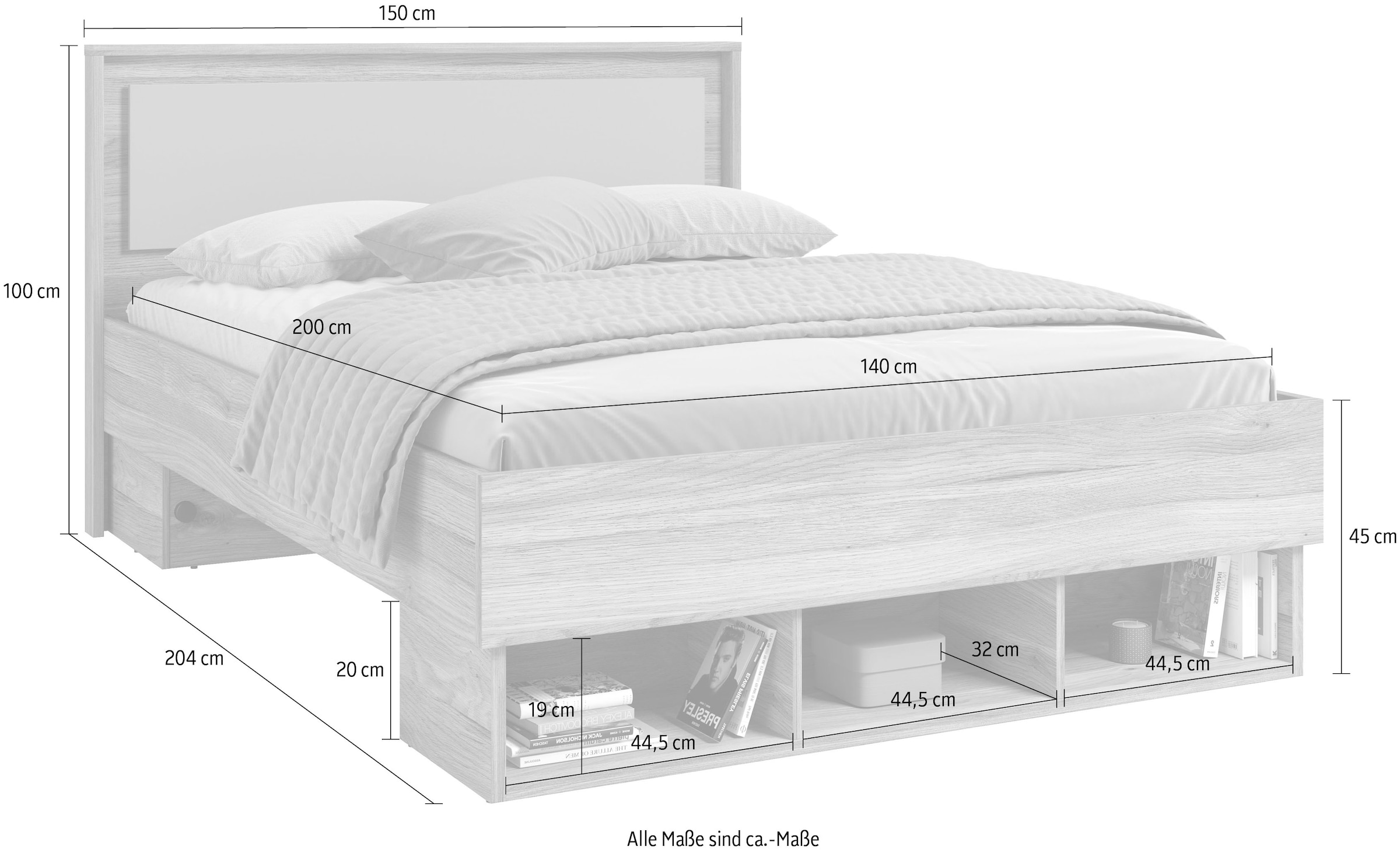 INOSIGN Bettgestell »Wharton, 140, 160 oder 180cm Breite, Made in Europe«, (mit oder ohne Stauraumschubladen), Doppelbett mit offenen Regalen, FSC-zertifizierter Holzwerkstoff