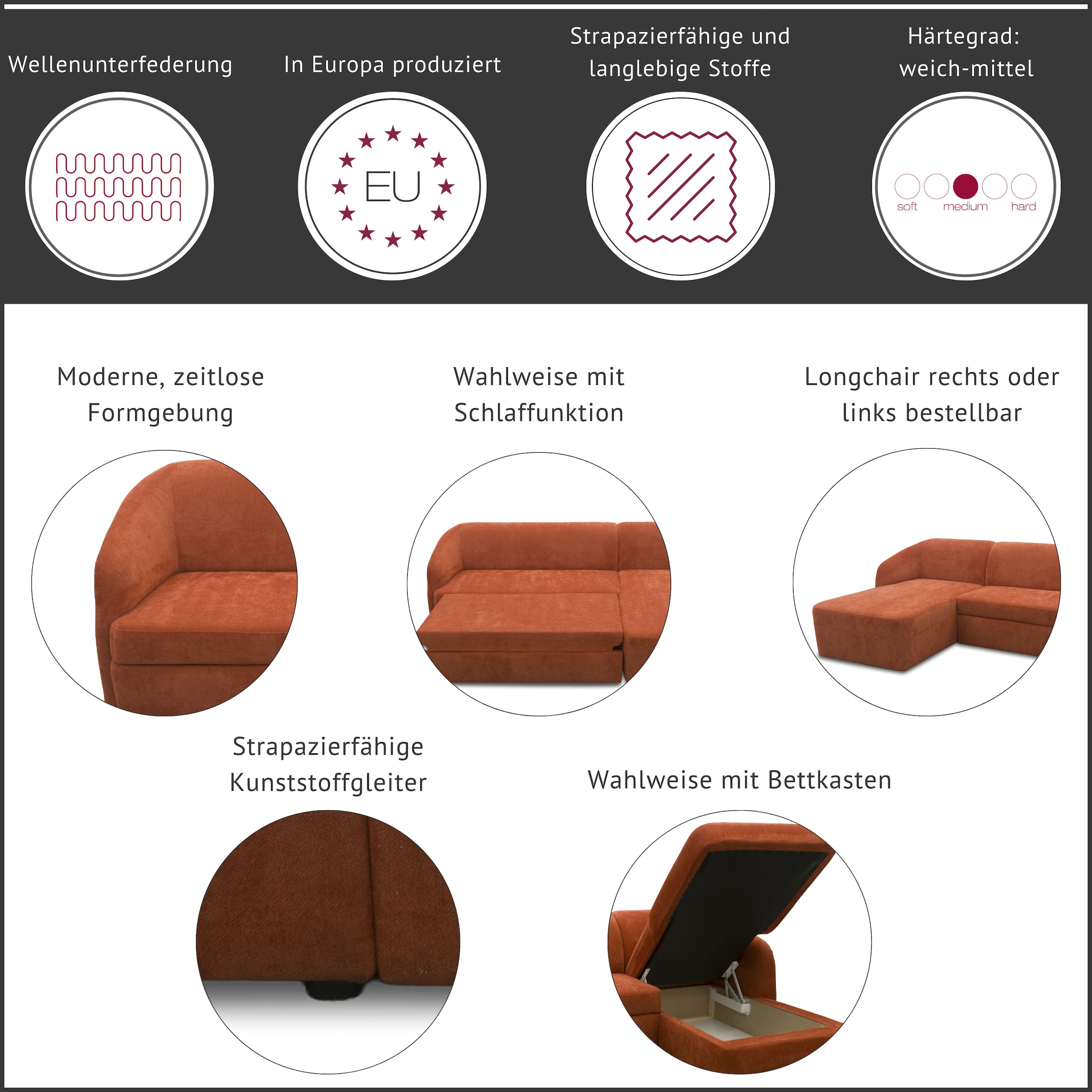 DOMO collection Ecksofa »Orbis, modernes, klares Design mit schmalen, abgerundeten Armlehnen« whlw. mit Bettfunktion u./o. Bettkasten, aus Luxus- Microfaser