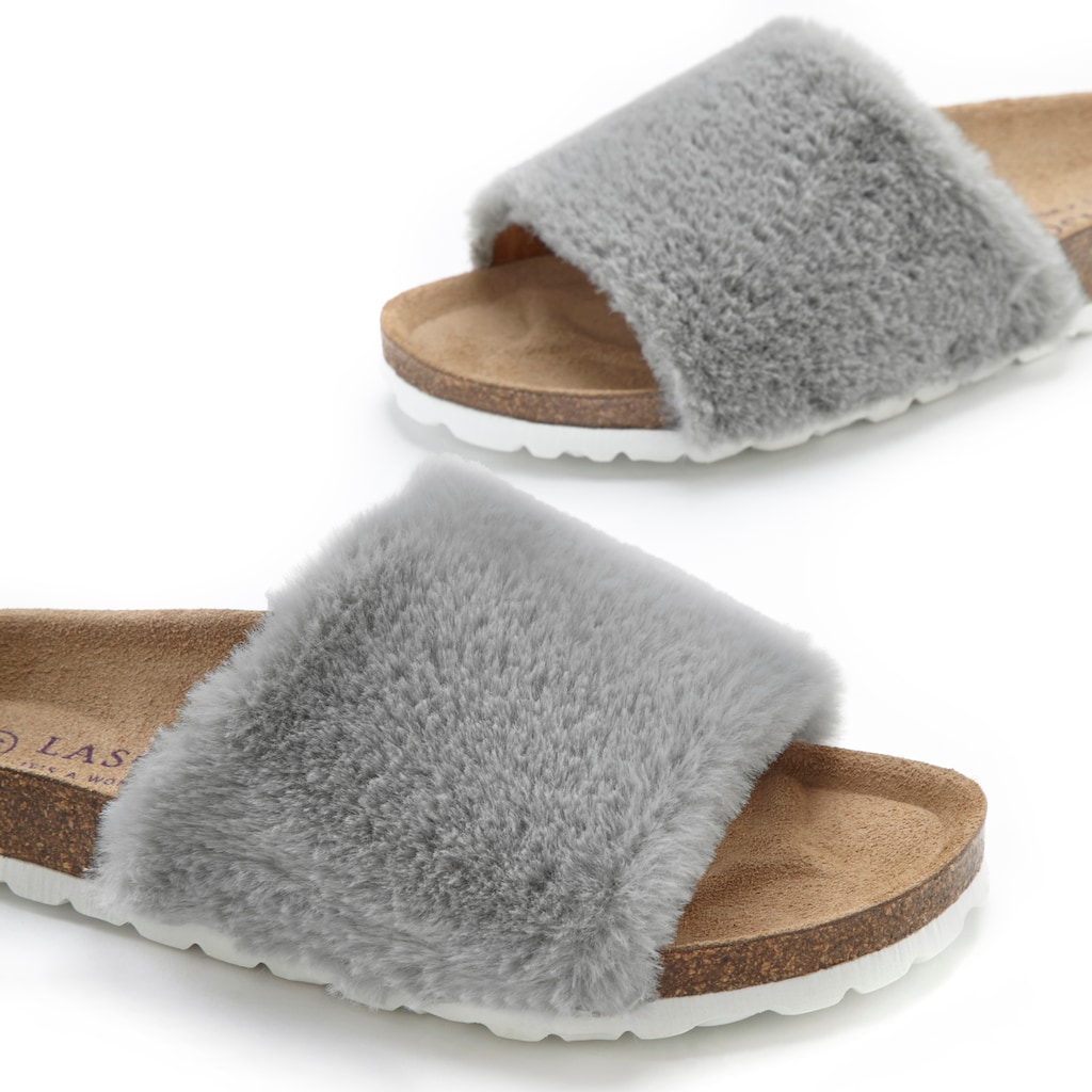 LASCANA Pantolette »Pantoffel«, Mule, Sandale, offener Schuh, Hausschuh, Korkfußbett, Fellimitat