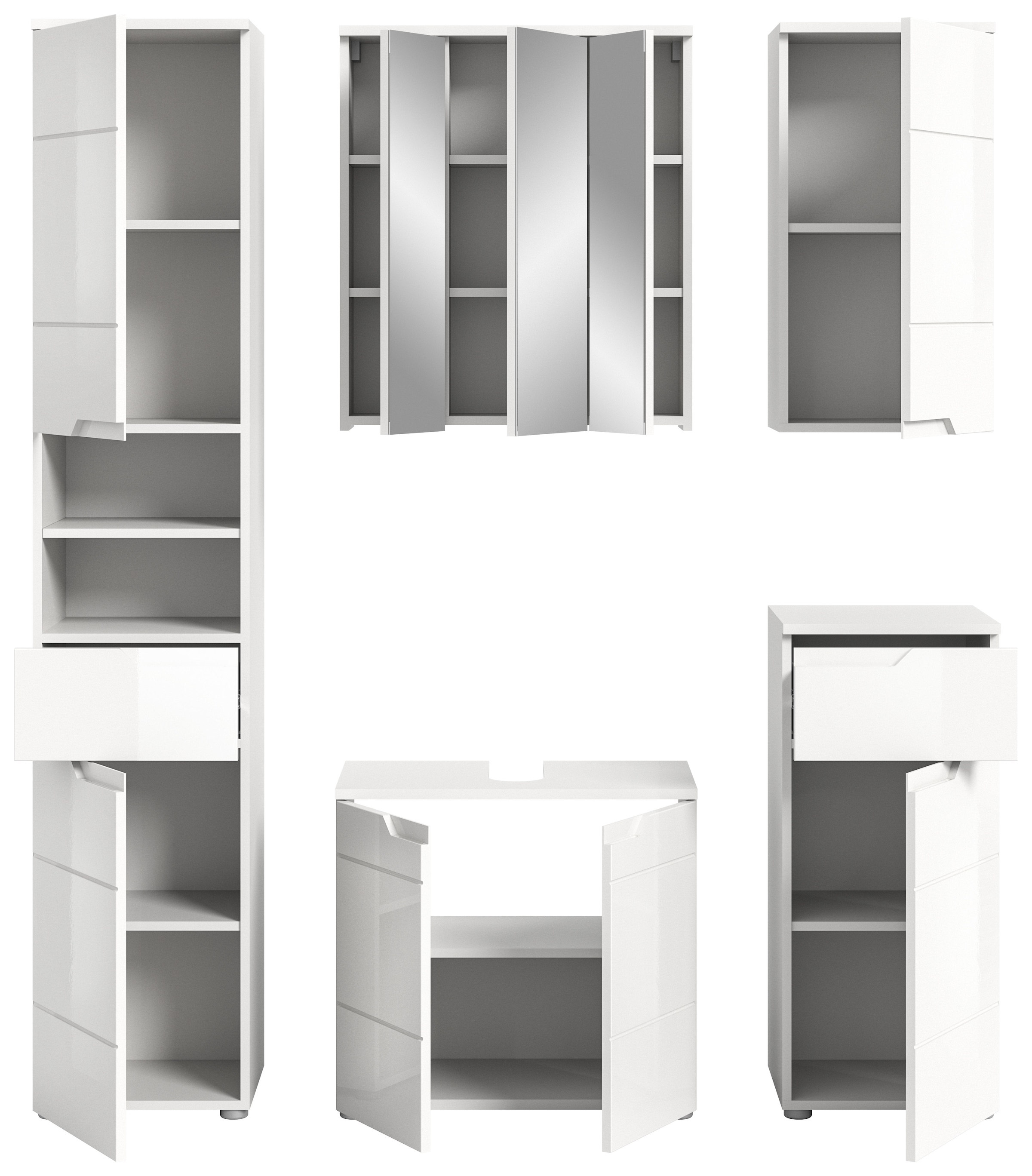 INOSIGN Badmöbel-Set »CAPRI, 5-teilig, mit eingefasster Griffmulde, bestehend aus:«, Hochschrank, WBU, Spiegelschrank, Unterschrank und Hängeschrank