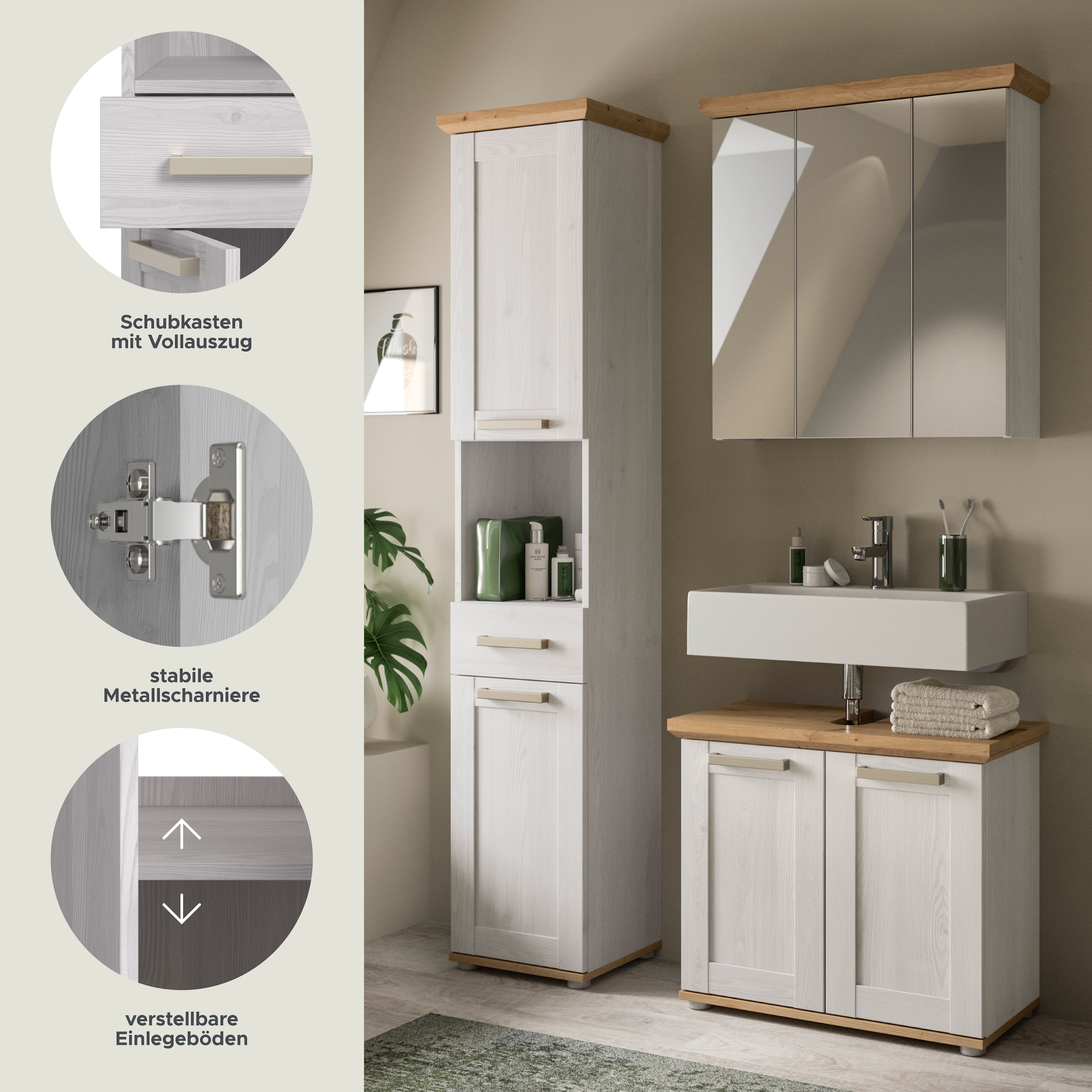 welltime Badmöbel-Set »COSENZA« best. aus: 1 Hochschrank, 1 Spiegelschrank, 1 Waschbeckenunterschrank, 3 Stk. tlg.