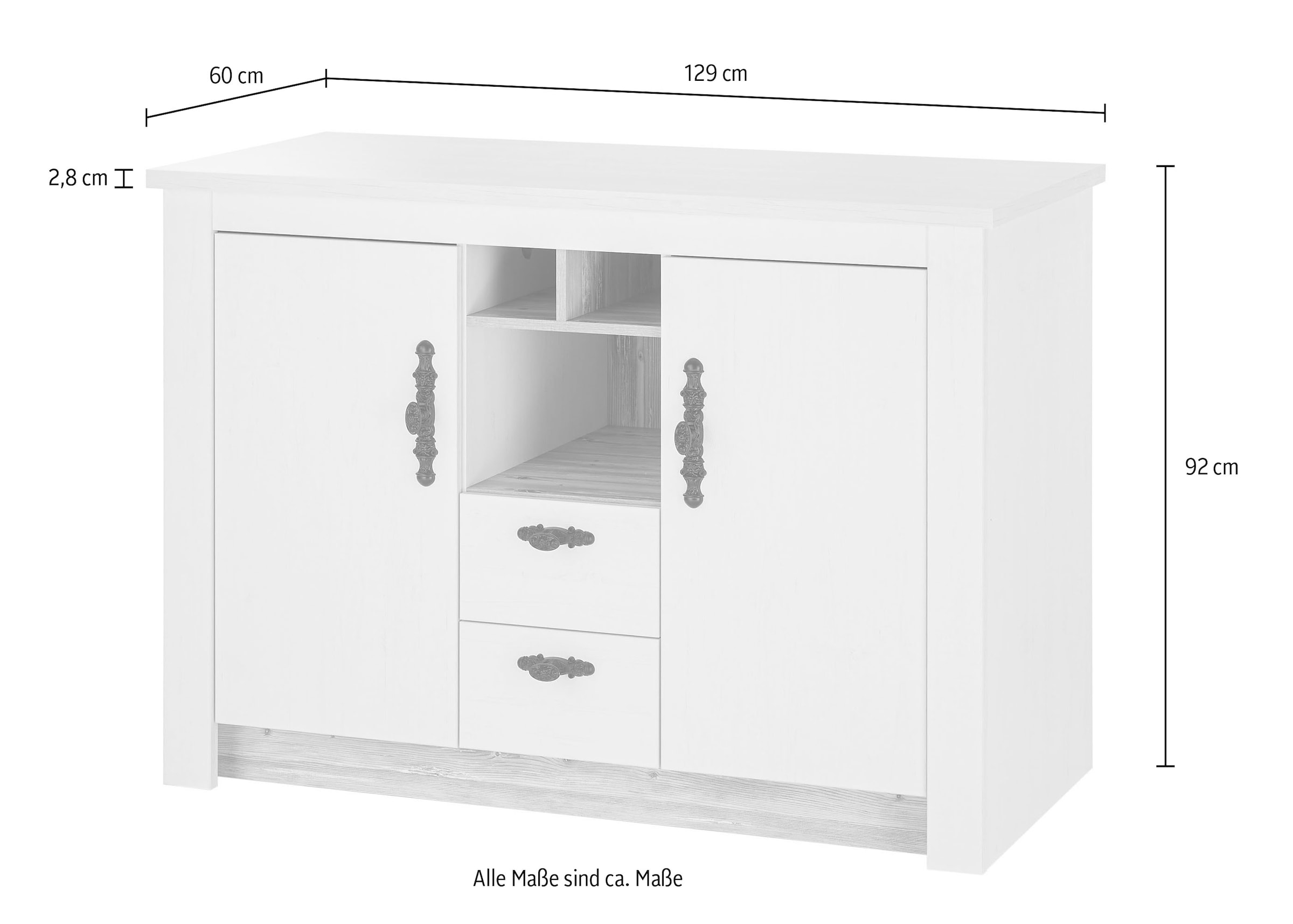 Home affaire Spülenschrank »Florenz, Küchenunterschrank in Pinie Weiß, Unterschrank«, mit verschnörkeltem Metallgriff, im Landhausstil, Arbeitshöhe 92 cm