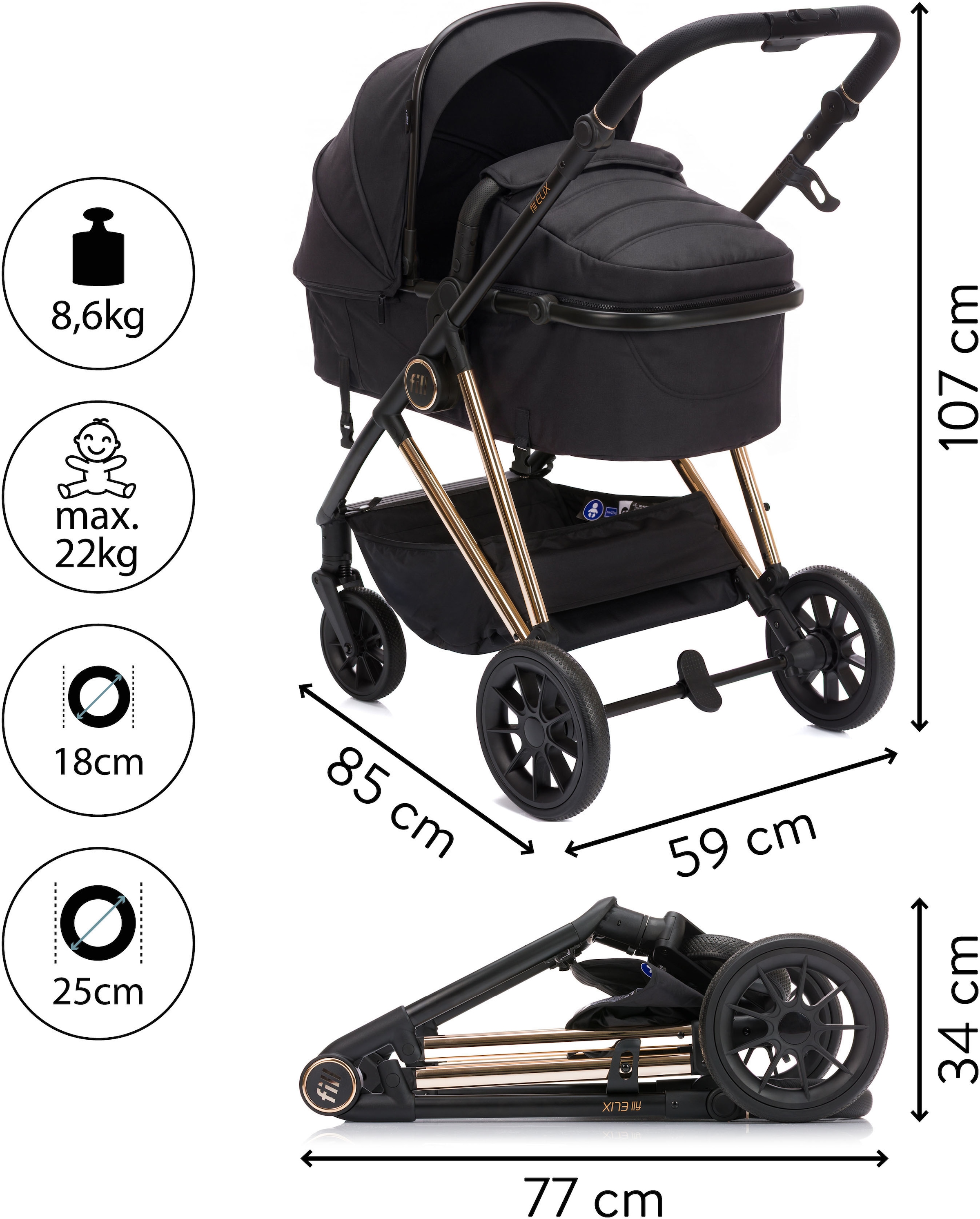 Fillikid Kombi-Kinderwagen »Fill Elix« Babywanne einfach zum Sportsitz umbaubar