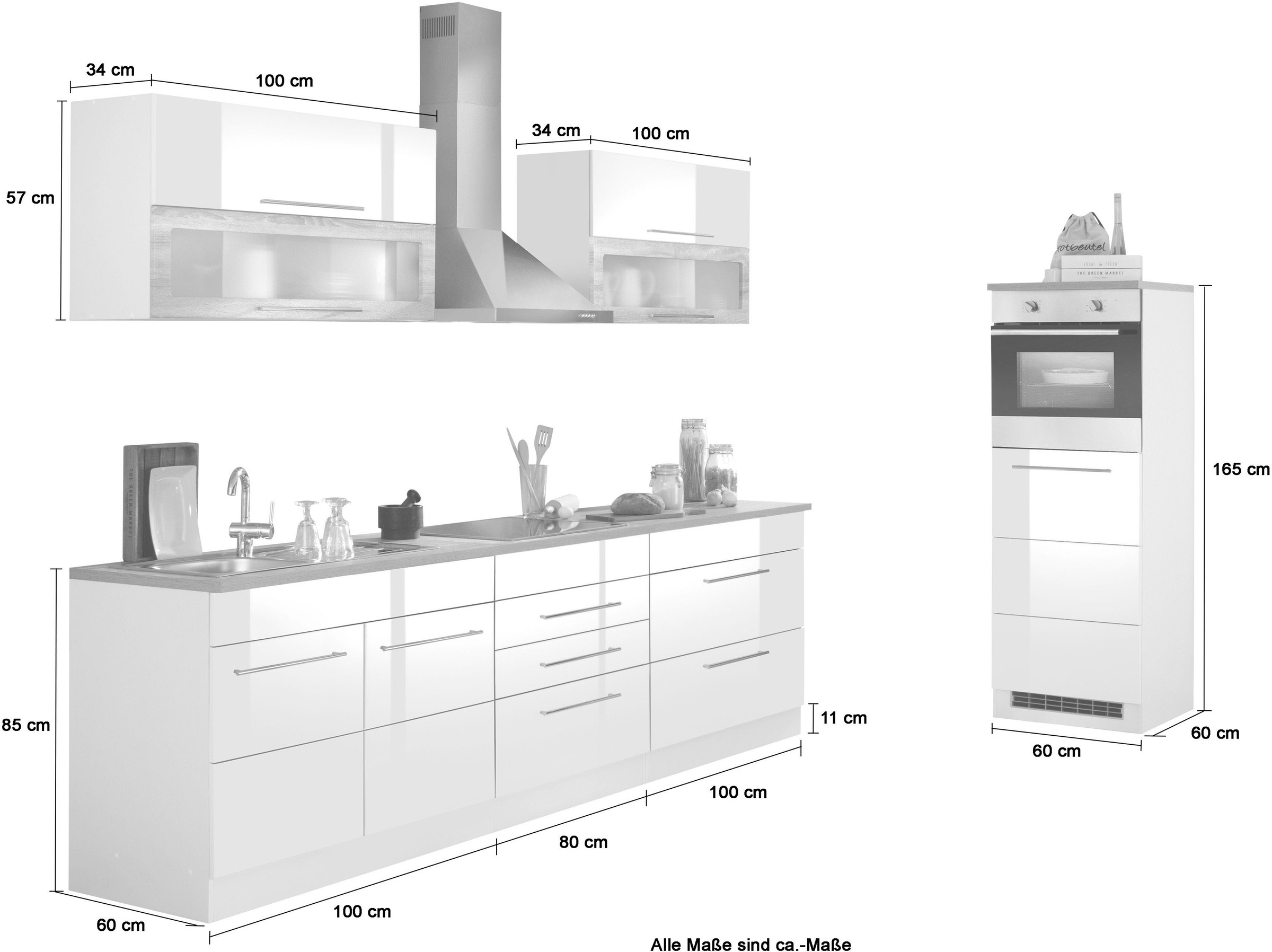 KOCHSTATION Küchenzeile KS-Wien, Breite 340 cm, wahlweise mit E-Geräten und Induktion