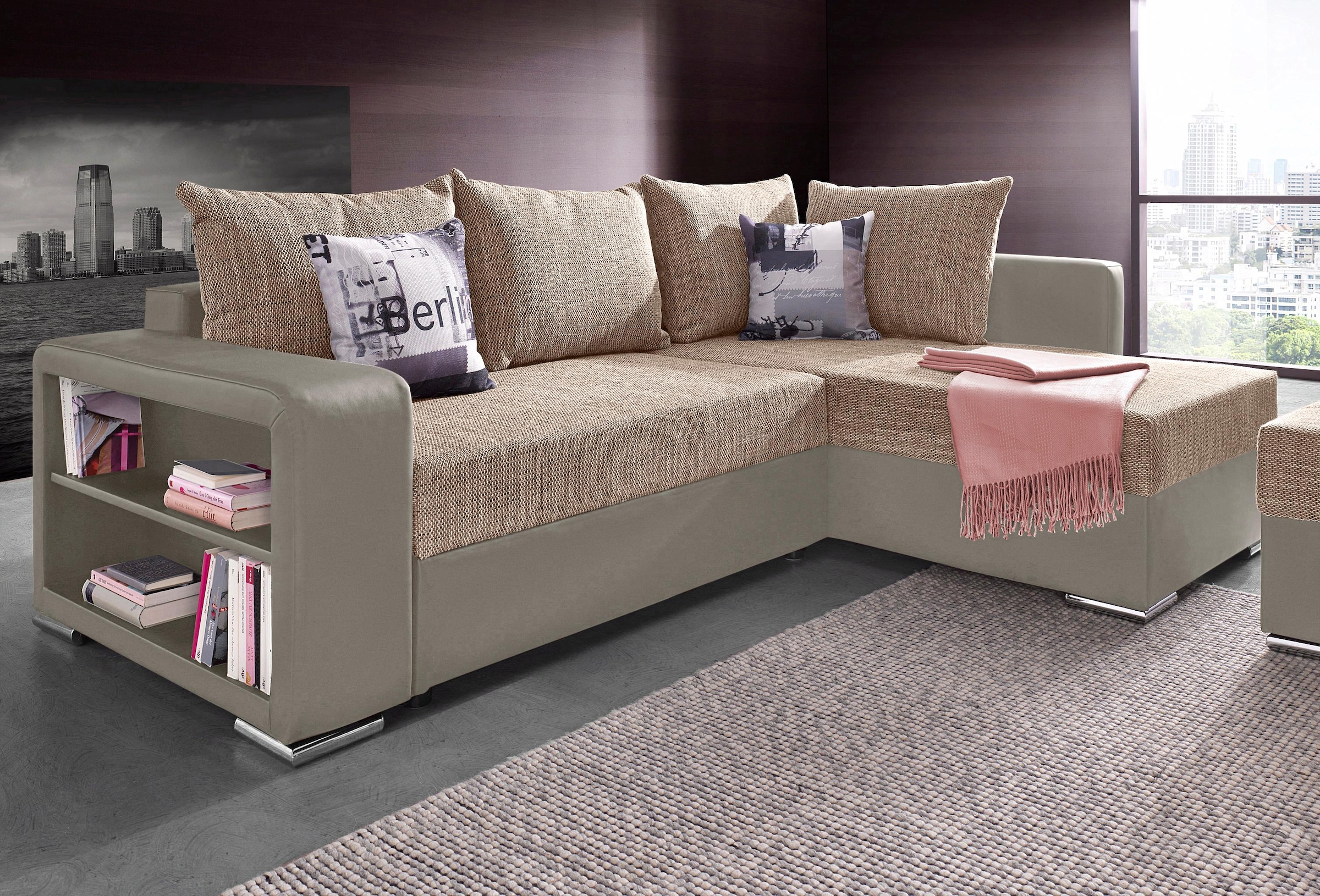 COLLECTION AB Ecksofa »John L-Form«, mit Bettfunktion, Bettkasten und integriertem Regal