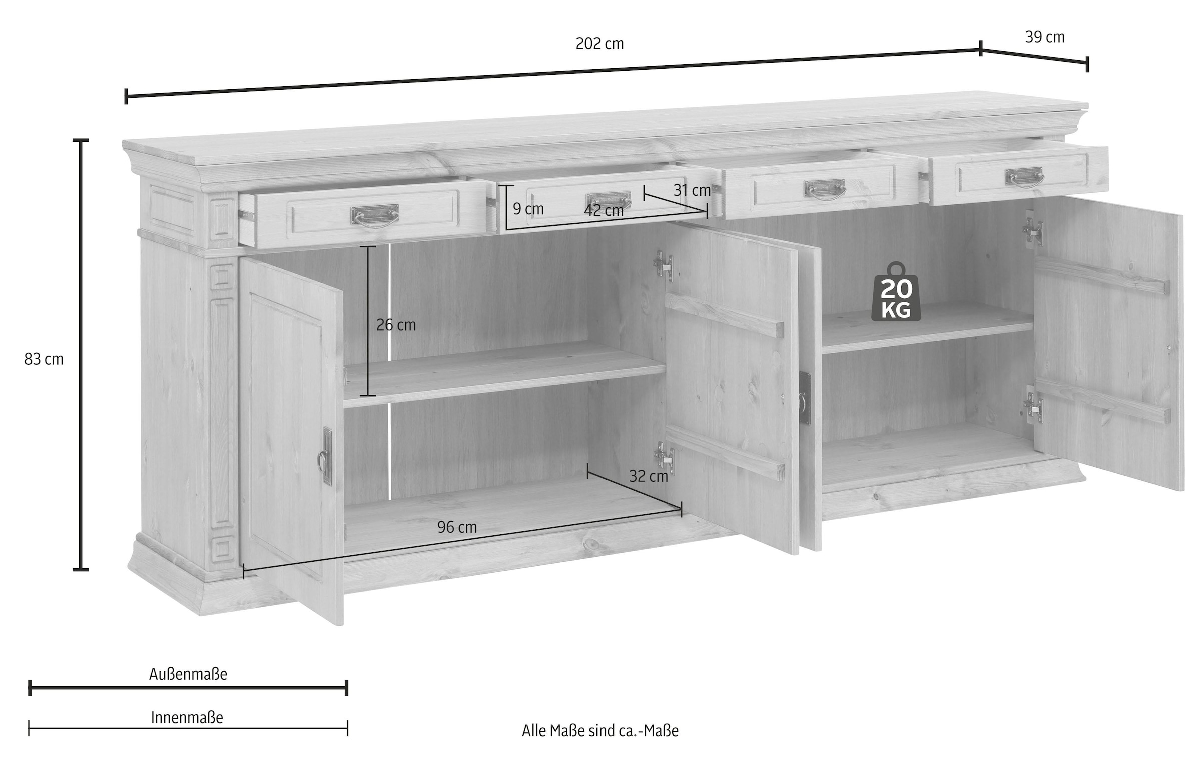 Home affaire Sideboard »Vinales«, Kommode im klassischen Landhausstil, Breite 202 cm