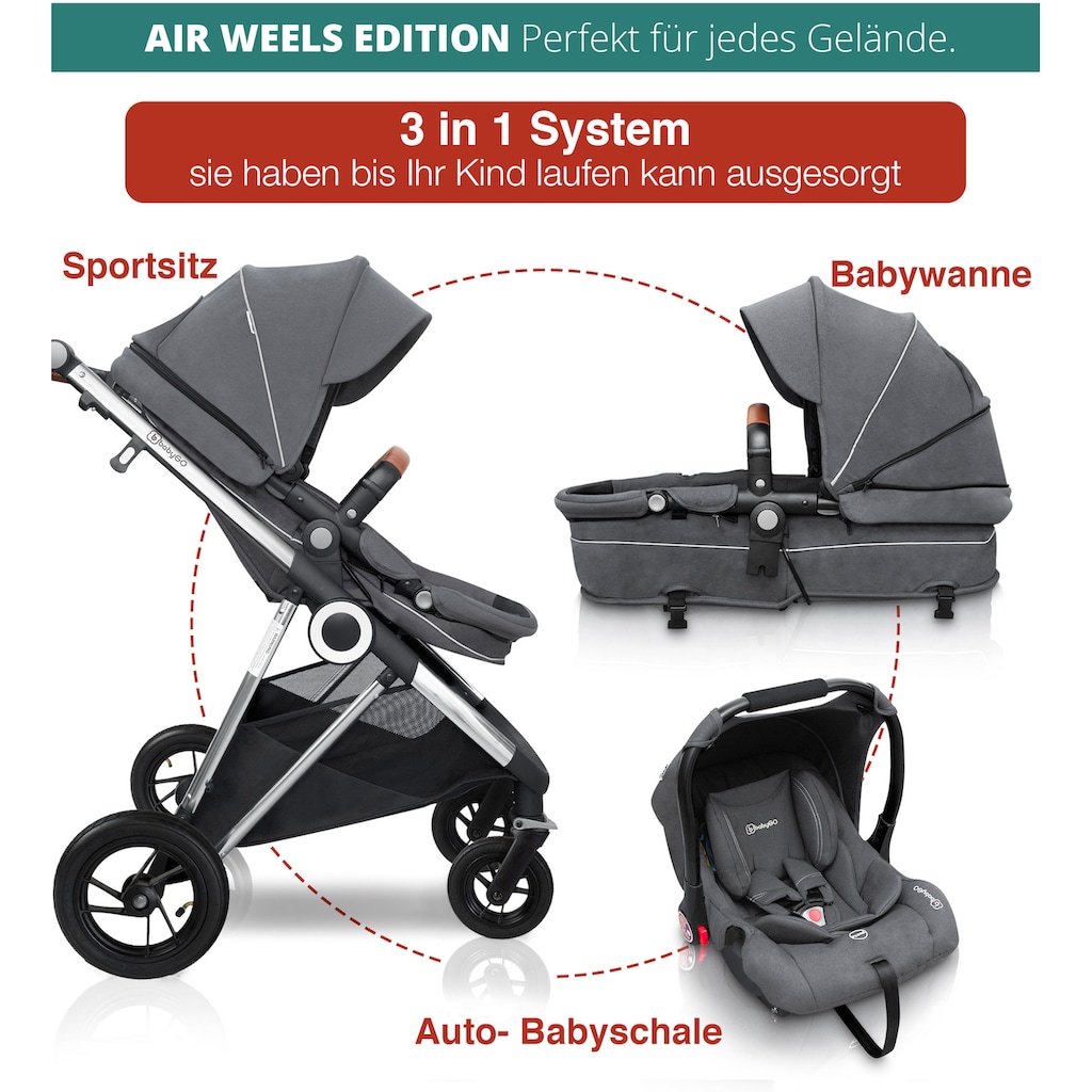 BabyGo Kombi-Kinderwagen »Halime AIR 3in1, Grey Silver«, mit Luftreifen, inkl. Babywanne, Babyschale, Regenhaube & Wickeltasche