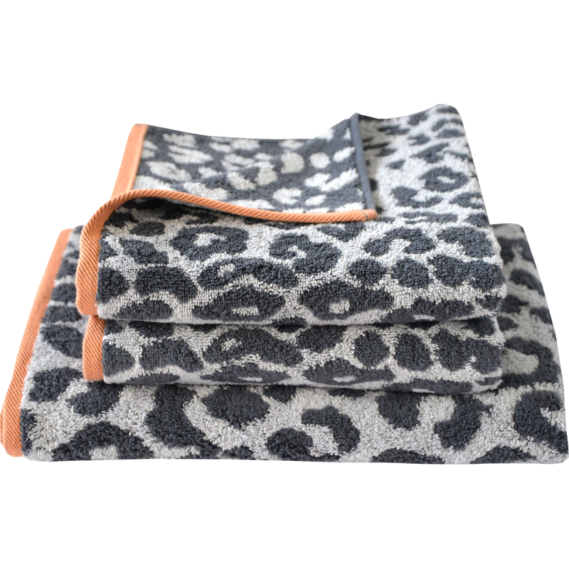 DYCKHOFF Handtuch Set »Leo« Set 3 Stk. Walkfrottier mit Leoparden-Muster;2 Handtücher (50x100cm), 1 Duschtuch (70x140cm) graphit/koralle...