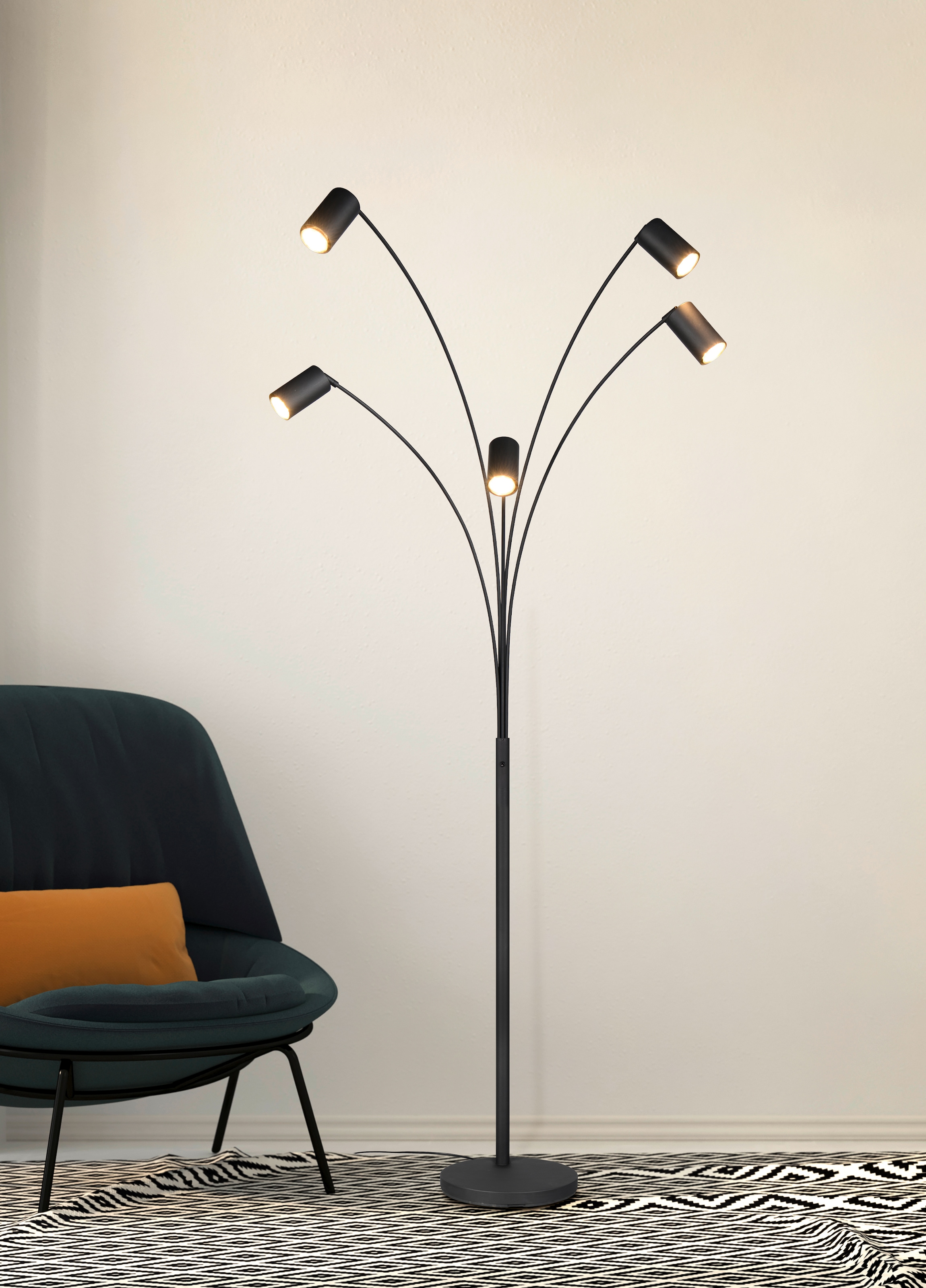 TRIO Leuchten Stehlampe »MARLEY, 5-flammige Bogenleuchte, exkl 5x GU10 max 10W, Kippschalter«, 5 flammig, Leuchtmittel GU10 | Leuchtmittel wechselbar, Höhe 200 cm, Leuchtenarme flexibel verstellbar Leseleuchte Stehleuchte