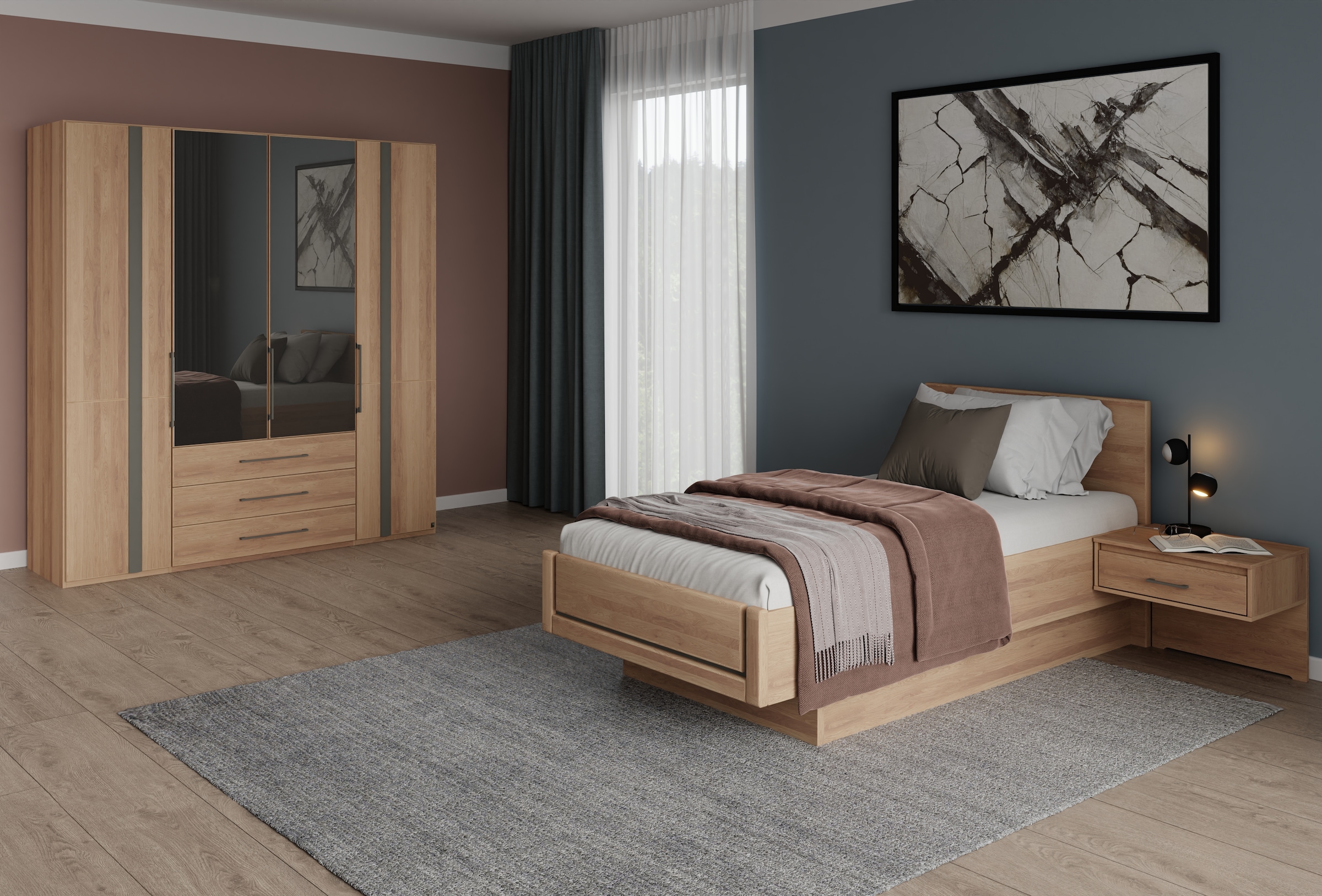 Musterring Schlafzimmer-Set »Sorrent, Kleiderschrank, Bett & Nachtkommoden, teilmassiv Eiche« 2er-Set Nachtschränke, Drehtürenschrank 200 cm, Bett 100x200 cm,  Schrank mit Türen und Schubkästen, Bett schwebende Optik, teilmassiv